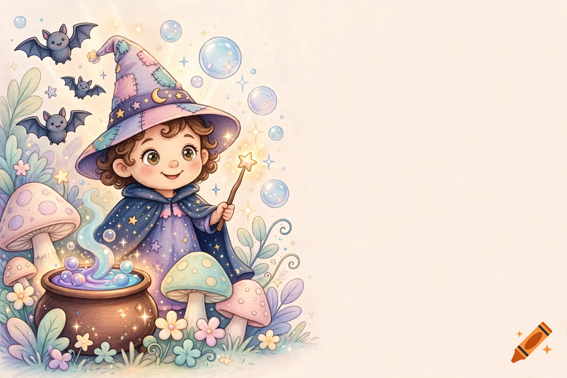 Watercolor illustration of a cute little witch in a purple hat and cape holding a magic wand near a cauldron, bats, and mushrooms.