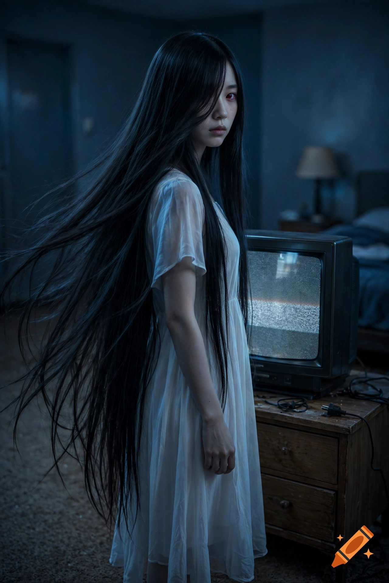 Photorealistic portrait of a Japanese ghost woman with long black hair and a white dress standing in a dark room with a CRT TV.