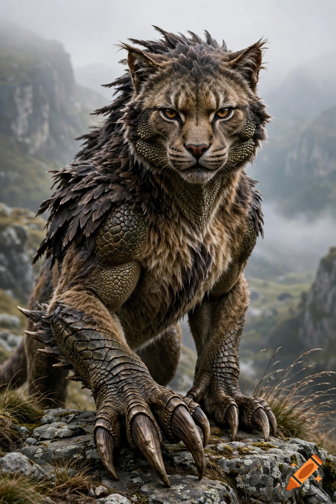 Photorealistic chimerical creature with feline features, reptile scales, feathered back, and large claws, standing on a rocky mountain ledge in the mist.