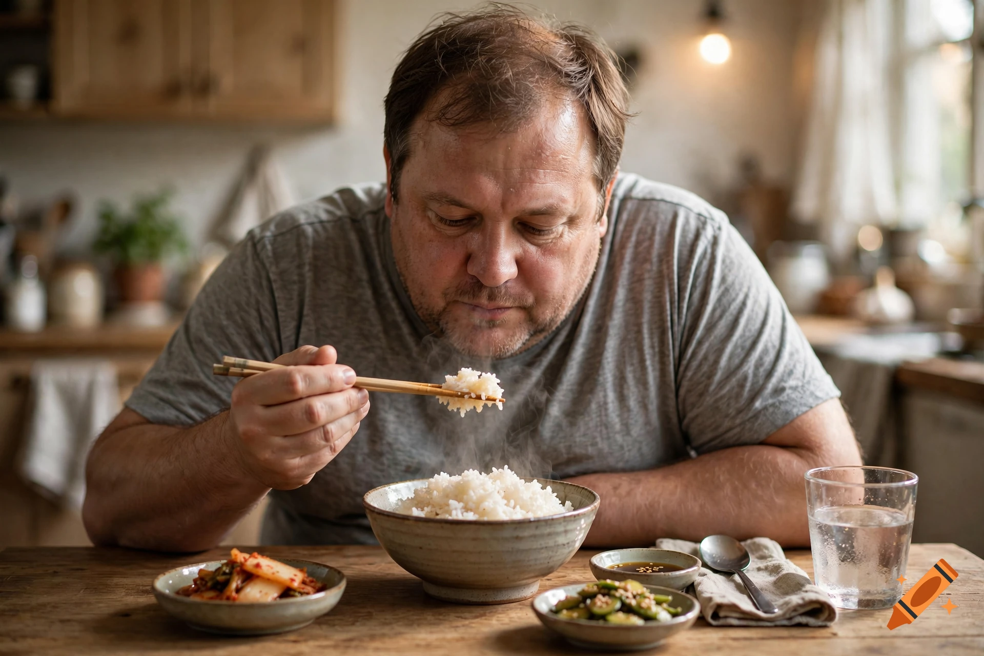Photorealistic image of a middle-aged man eating rice with chopsticks in a cozy kitchen, accompanied by side dishes.