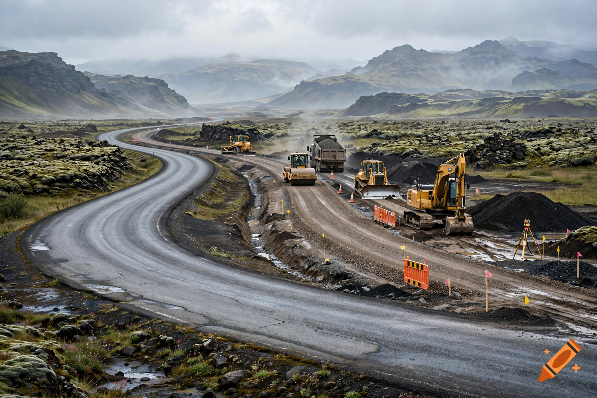 Photorealistic image of a winding road in Iceland with road construction and machinery under a cloudy sky.
