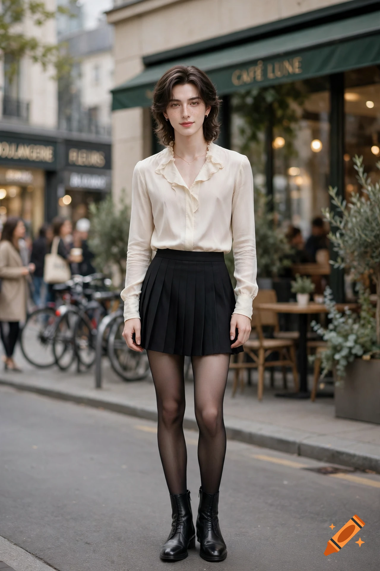 Photorealistic image of a young person with dark hair, wearing a cream blouse, black skirt, and boots, standing on a city street.