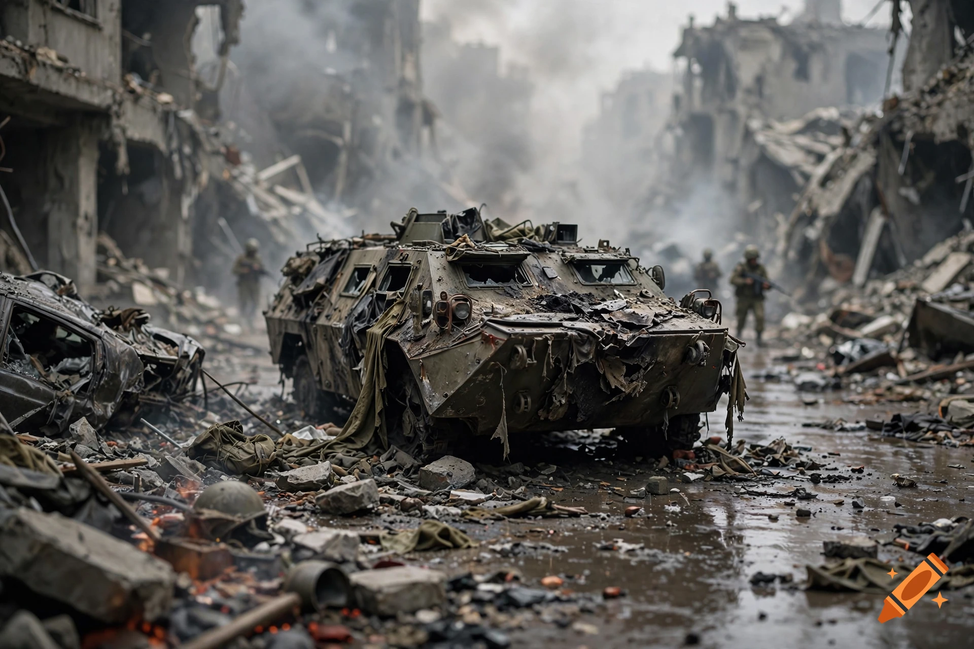 Photorealistic scene of a damaged military vehicle in the middle of a war-torn, ruined city street.