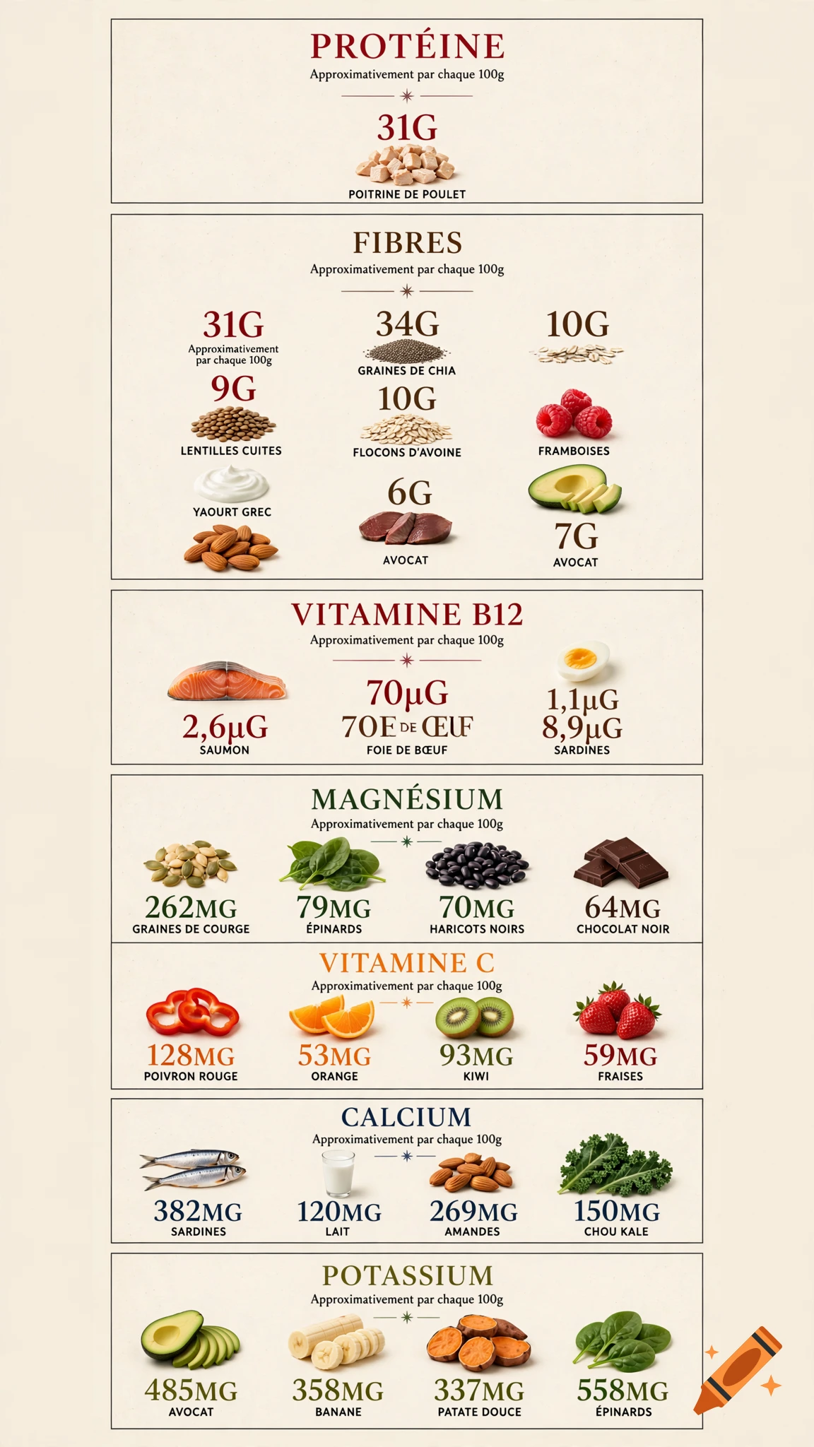 Nutritional infographic showcasing protein, fiber, vitamins, and minerals with food items and quantities.