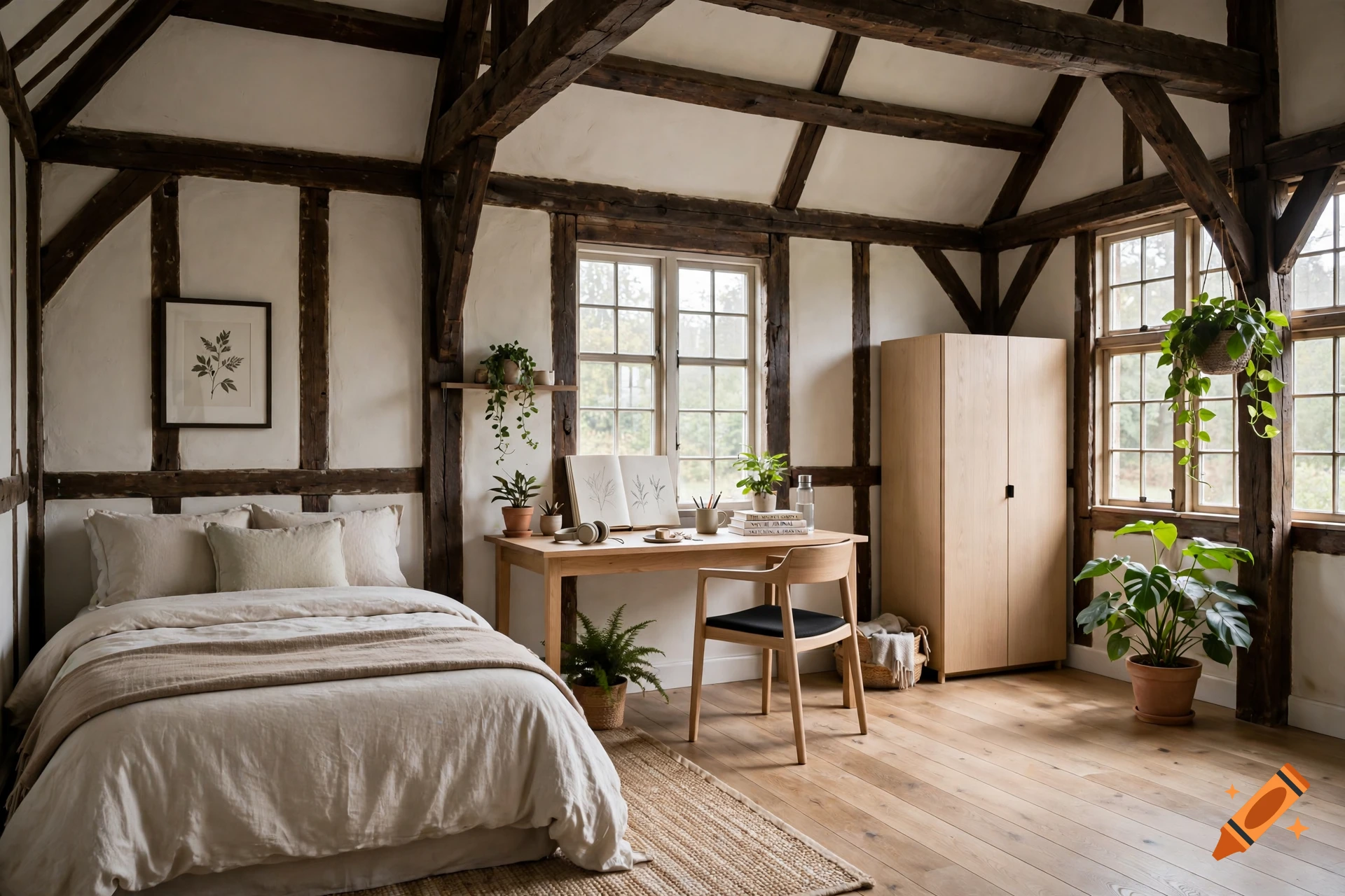 Photorealistic bedroom interior with exposed wooden beams, a bed with neutral linens, a desk with plants, and a wardrobe.