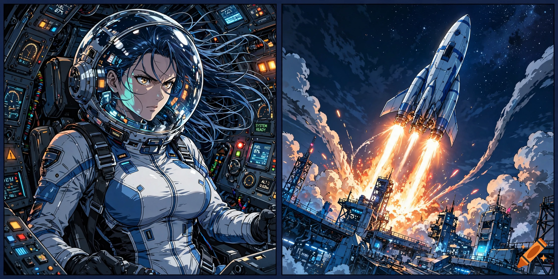 Split-panel anime illustration of a female astronaut in a cockpit and a rocket launching into space.