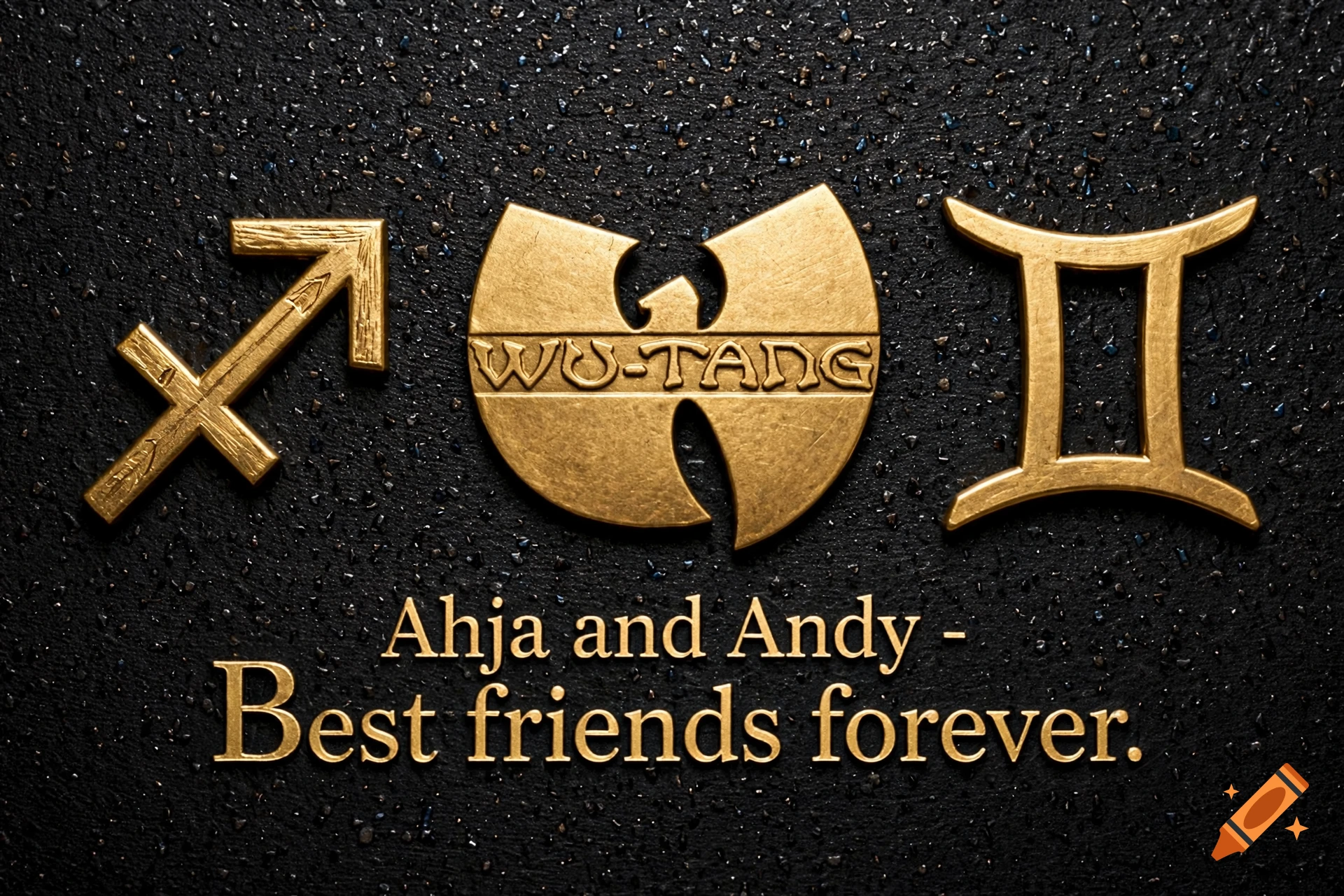 Gold Sagittarius symbol, Wu-Tang symbol, and Gemini symbol on textured black background with text reading Ahja and Andy - Best friends forever.