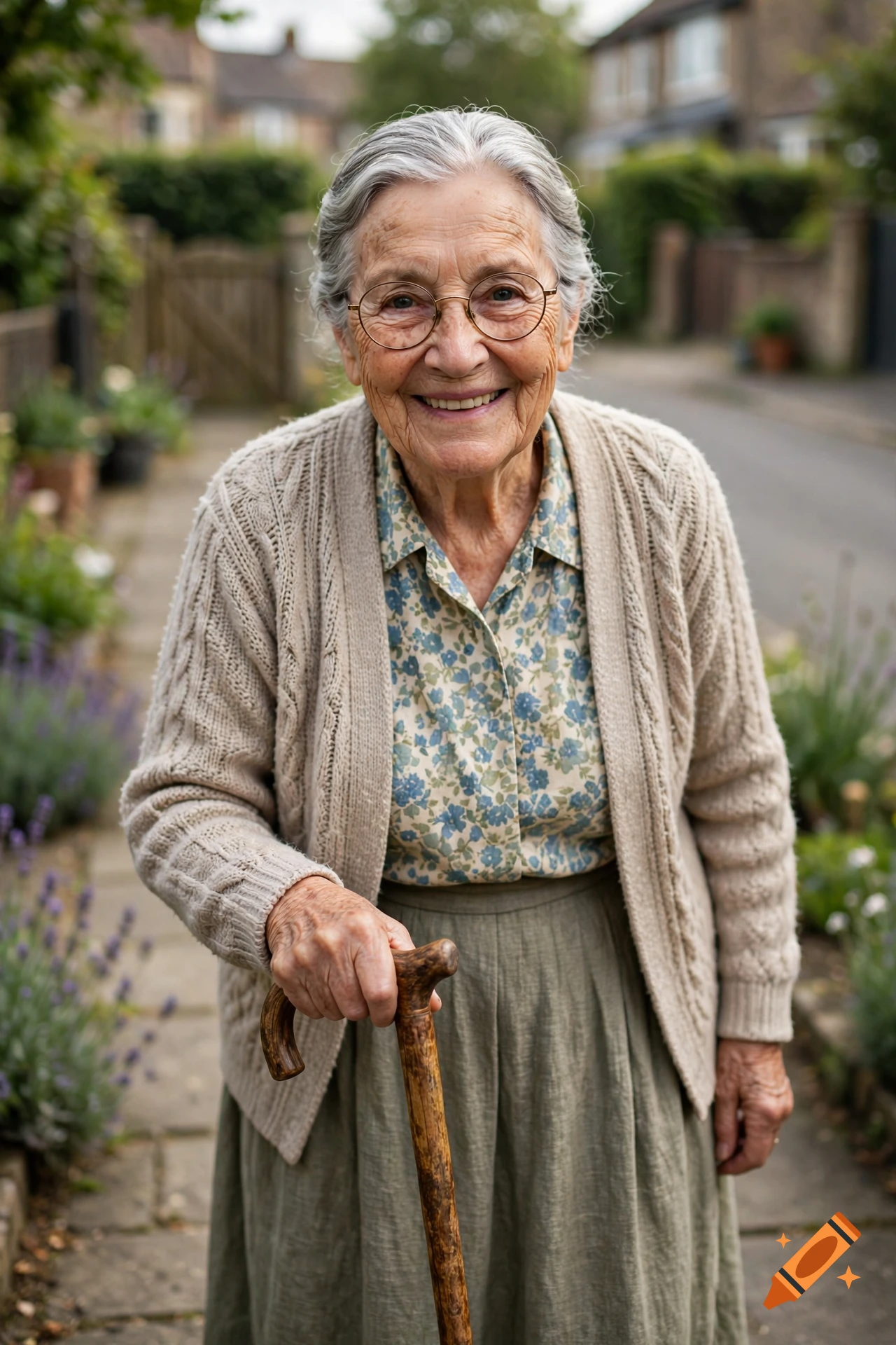 Photorealistic portrait of a smiling elderly woman with gray hair, glasses, and a cardigan, leaning on a wooden cane outdoors.