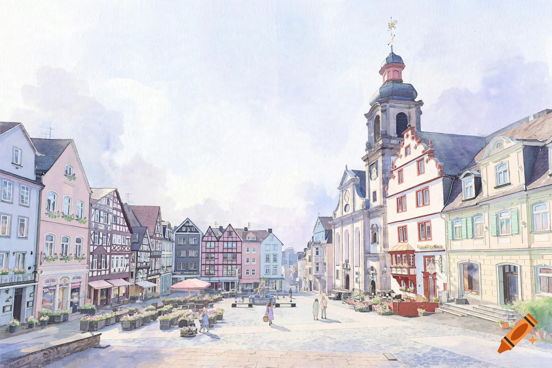 Watercolor painting of Hachenburger Marktplatz with historic half-timbered houses and a church tower under a pale sky.