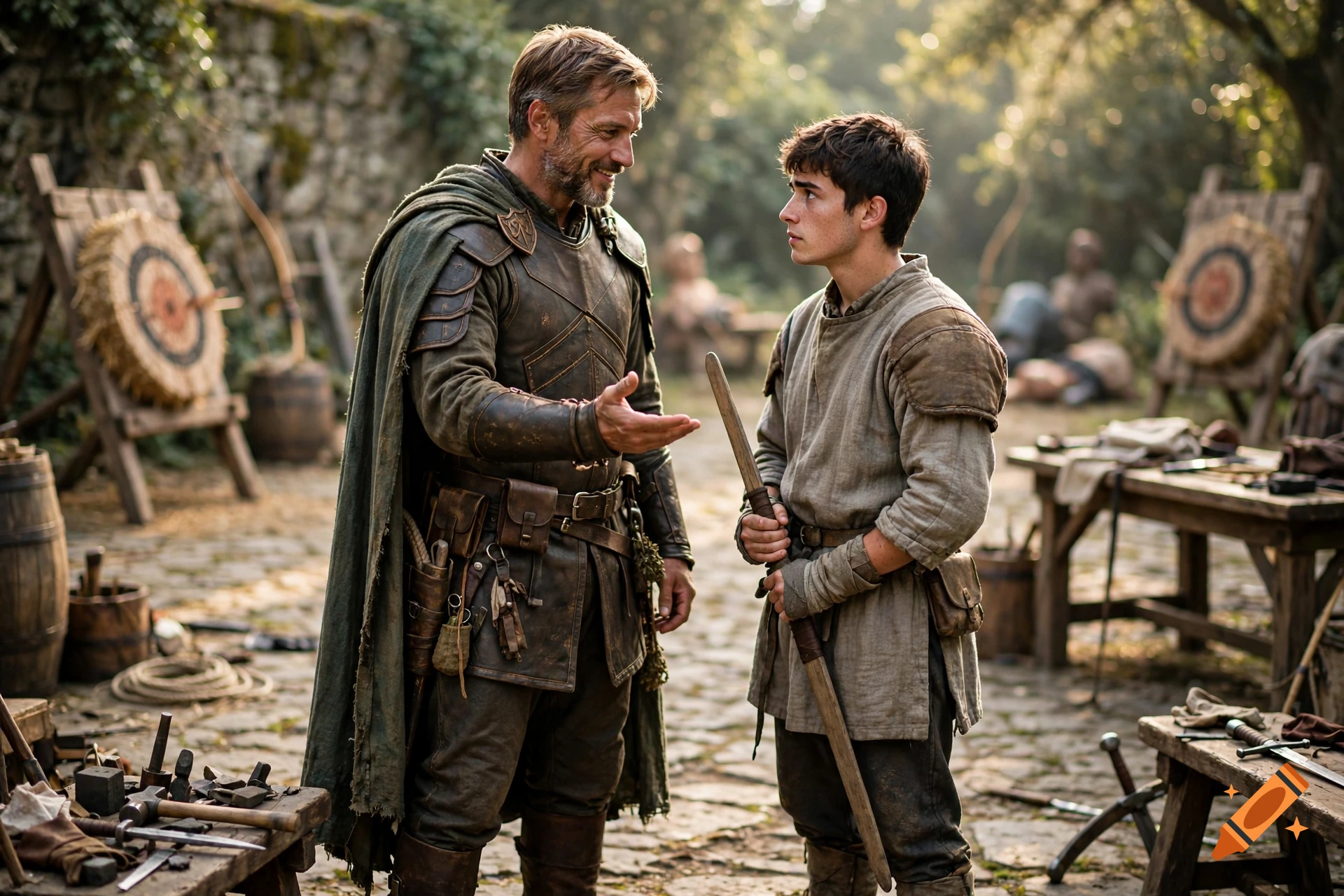 An older armored man in a green cloak smiling and speaking to a younger man holding a wooden staff in a medieval training camp.