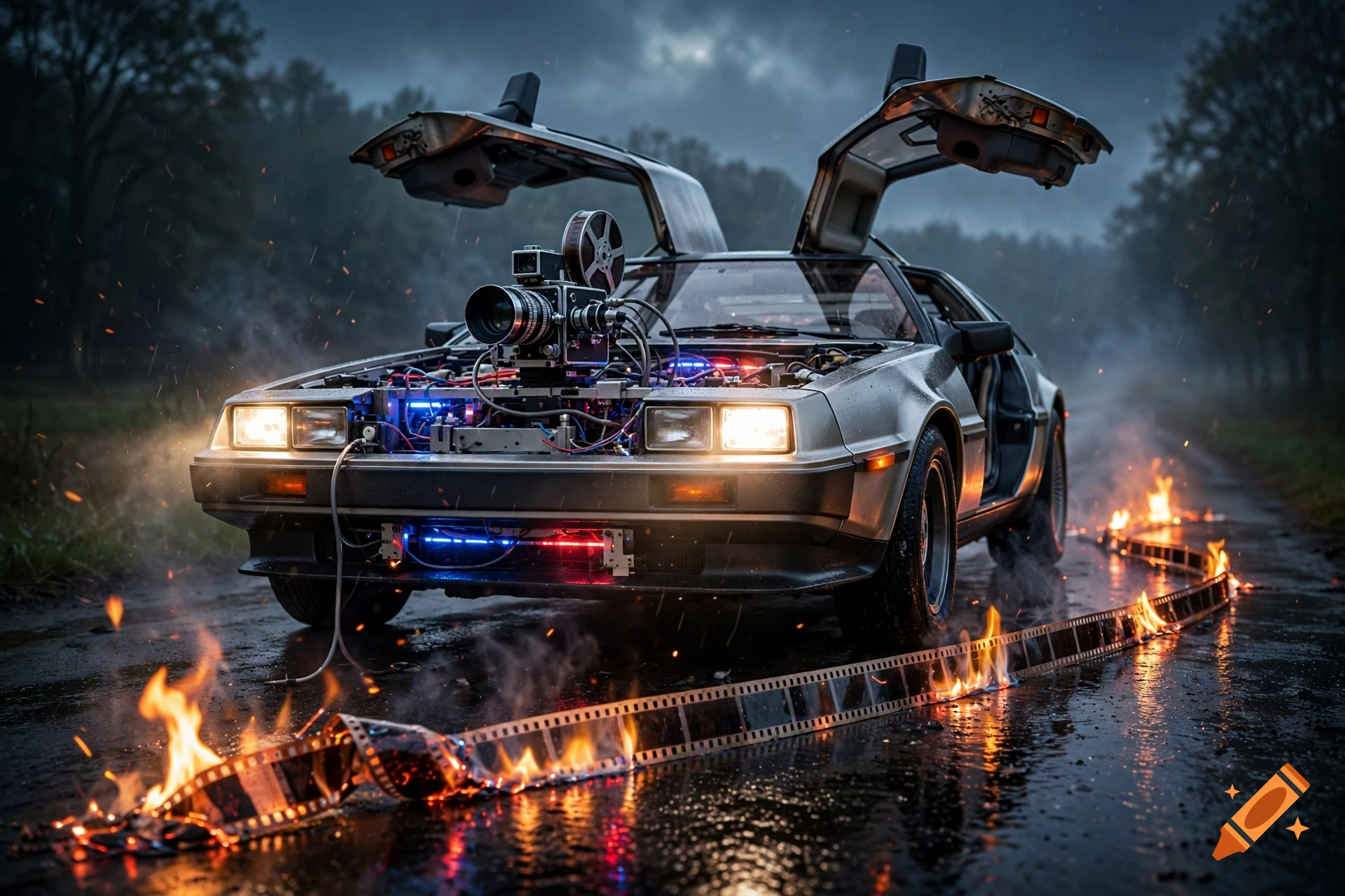 Photorealistic DeLorean car with gull-wing doors open, featuring a movie camera as a motor, parked on a wet road with burning film rolling in the foreground under a cloudy sky.