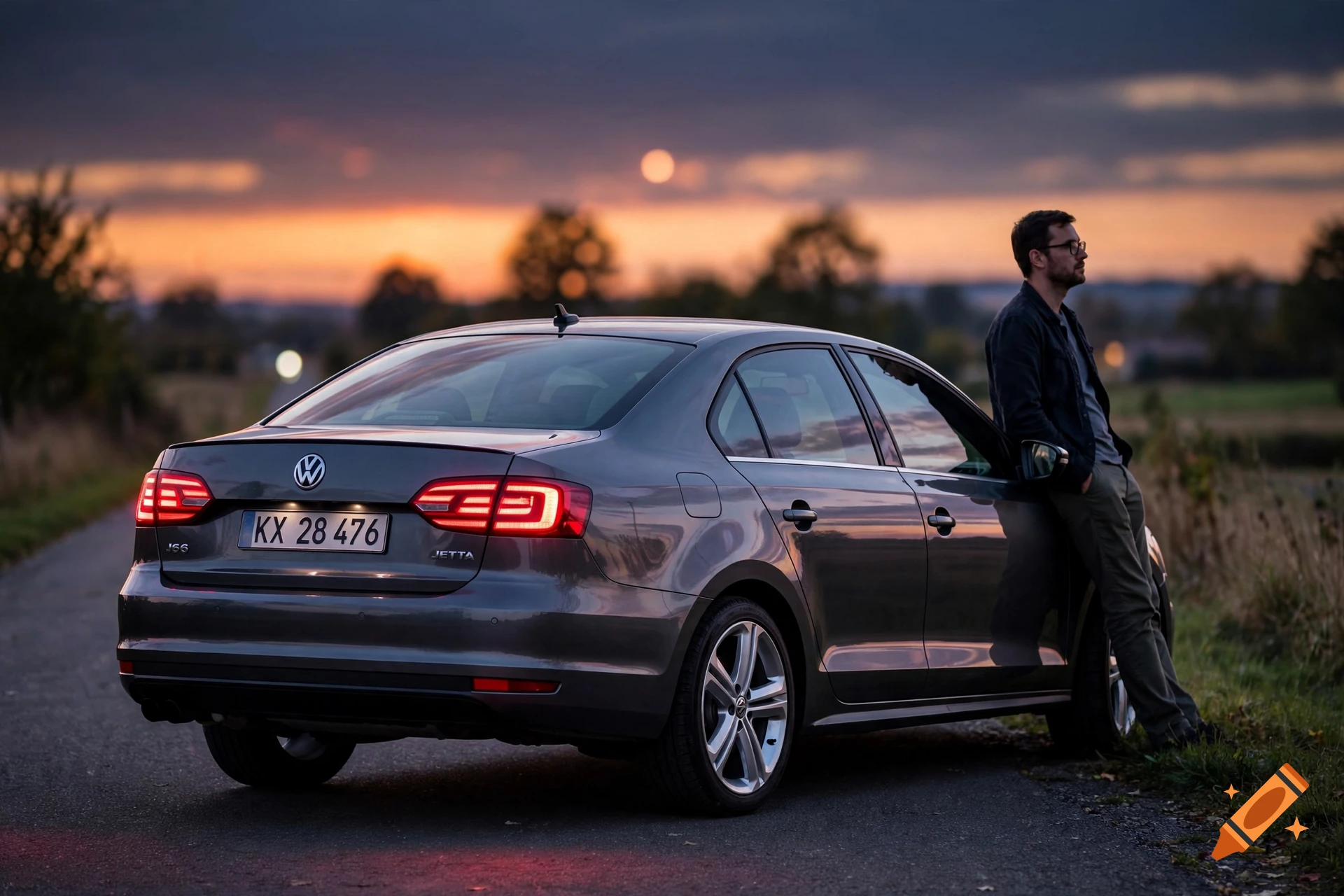 Photorealistic rear view of a grey Volkswagen Jetta parked on a road at sunset, with a man wearing glasses leaning against it.