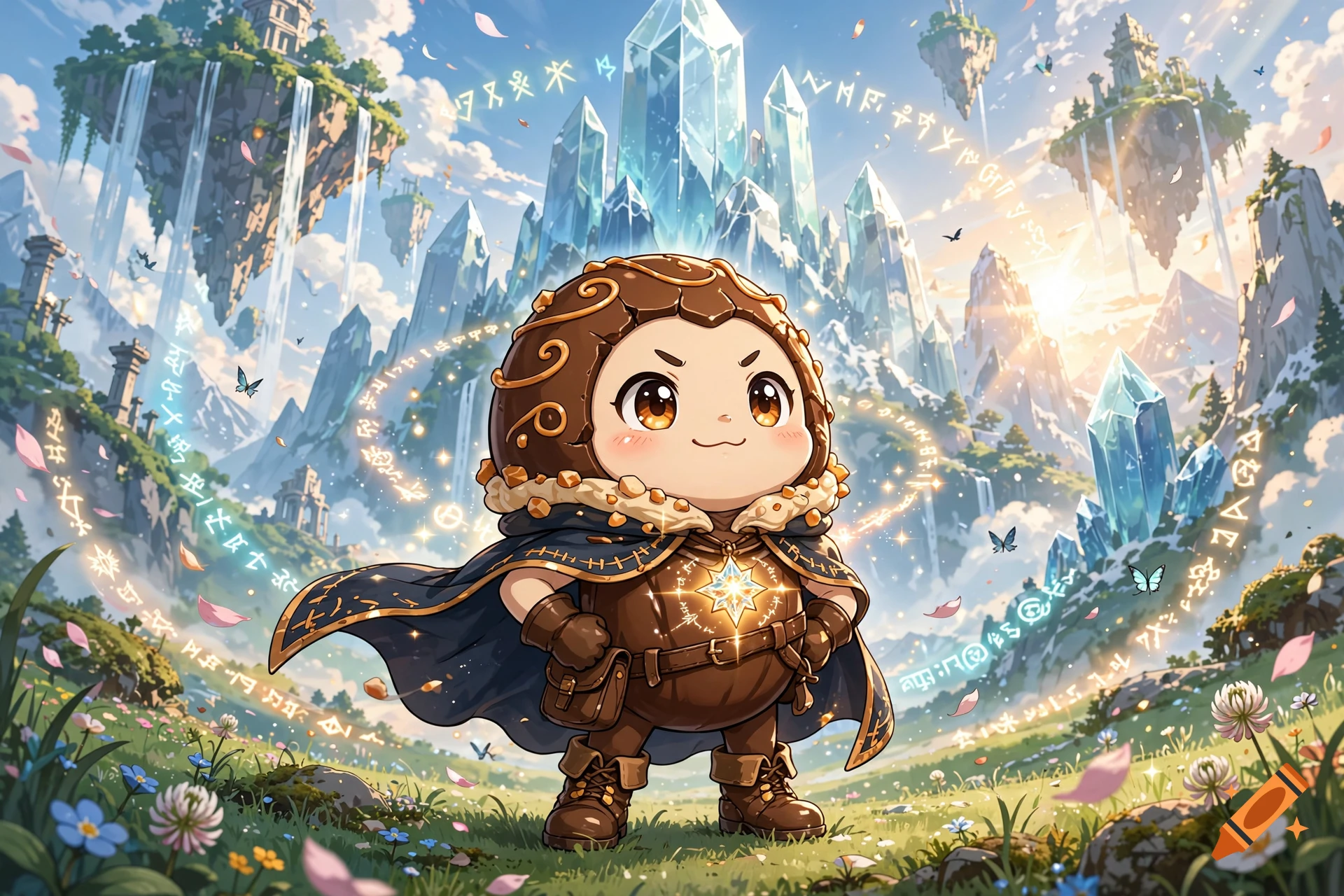An anime-style illustration of a cute character with a chocolate shell head in a magical fantasy landscape with floating islands and crystals.