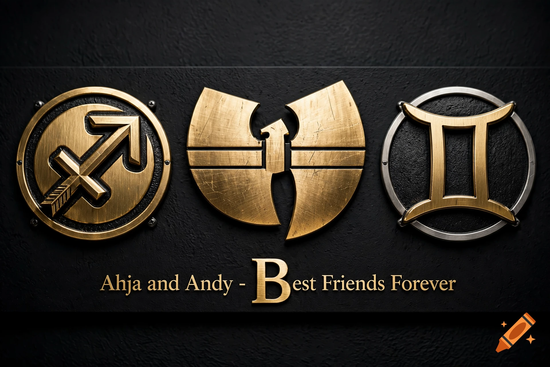 Metallic gold and silver astrological and hip hop symbols mounted on a black wall with the text 'Ahja and Andy - Best Friends Forever'.
