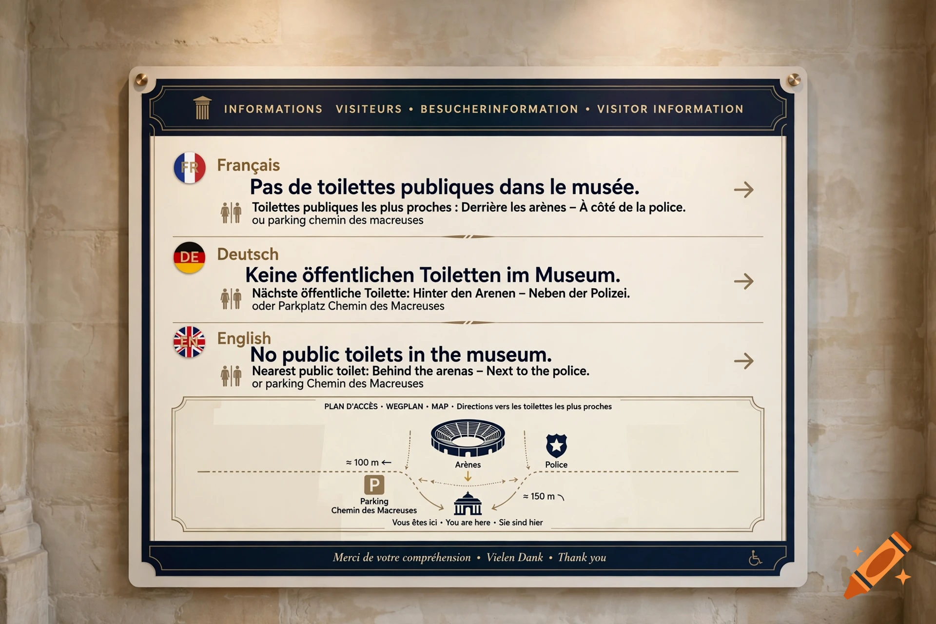 Multilingual museum information sign on a stone wall detailing restroom directions in French, German, and English.