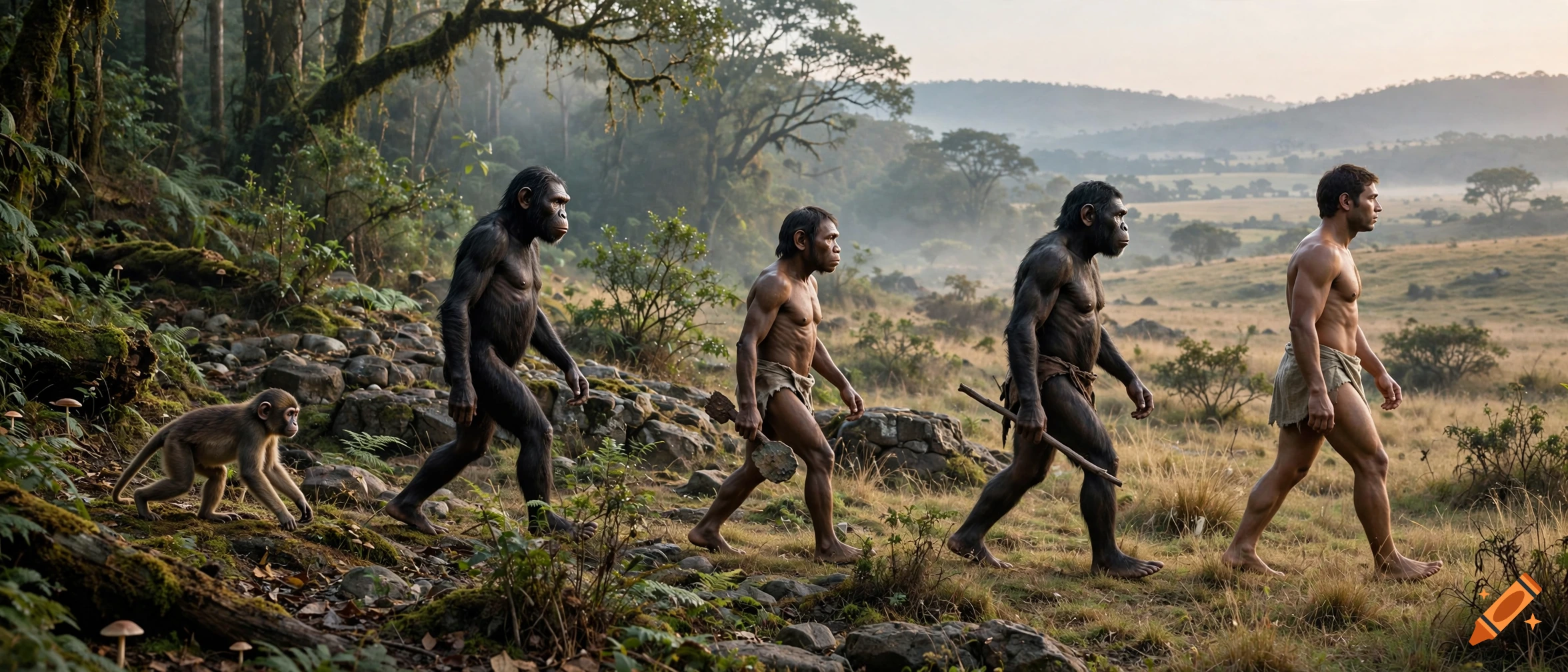 Photorealistic depiction of human evolution in a landscape, progressing from a small primate to modern humans.