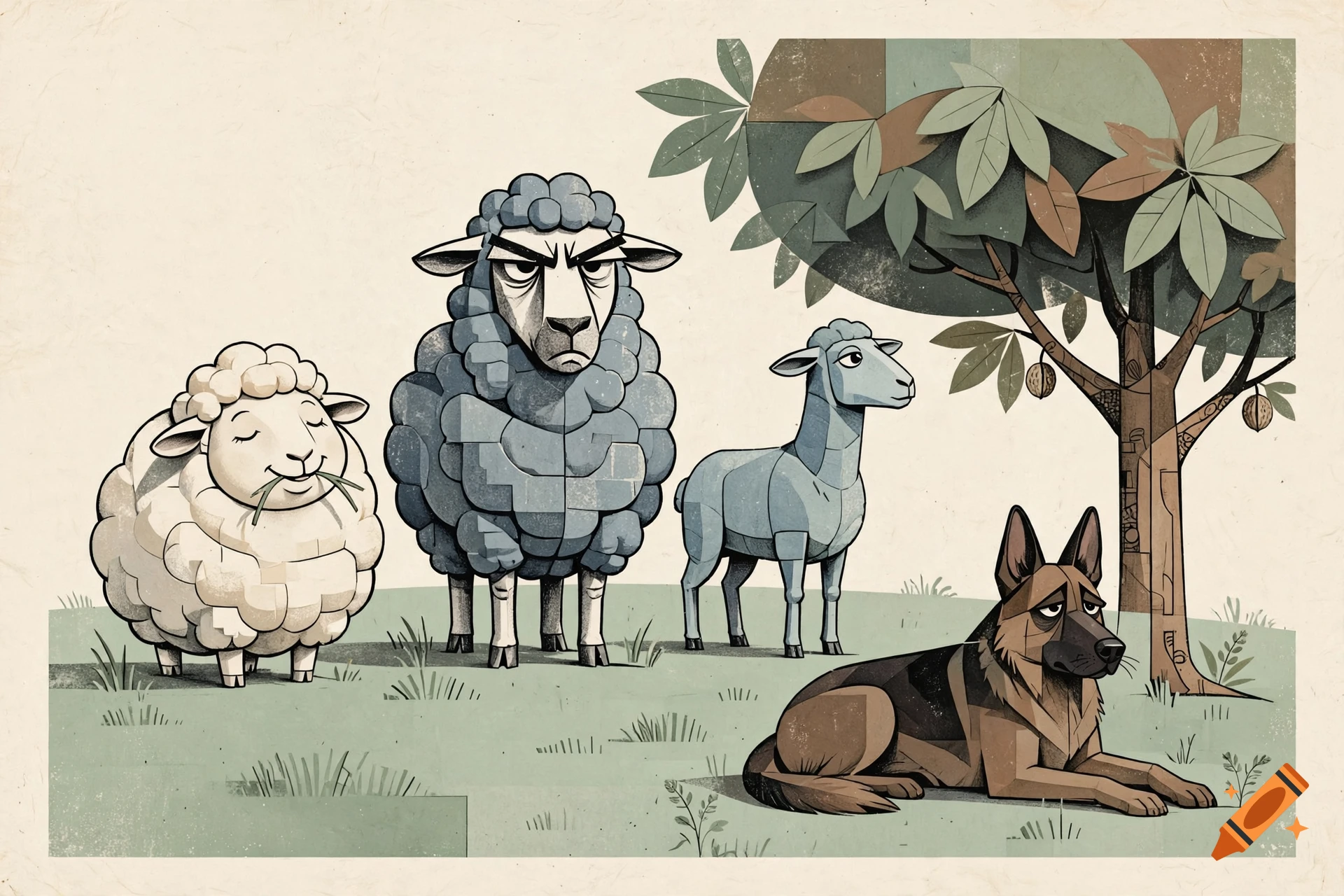 Minimalist mixed-media style illustration of three distinct sheep and a German Shepherd dog resting under a stylized walnut tree.