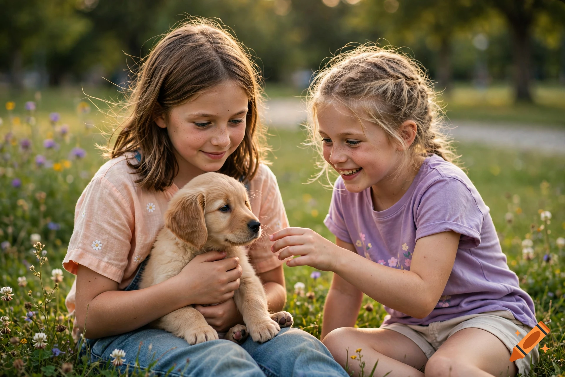 Two smiling young girls sitting in a grassy park, one holding a small golden retriever puppy.