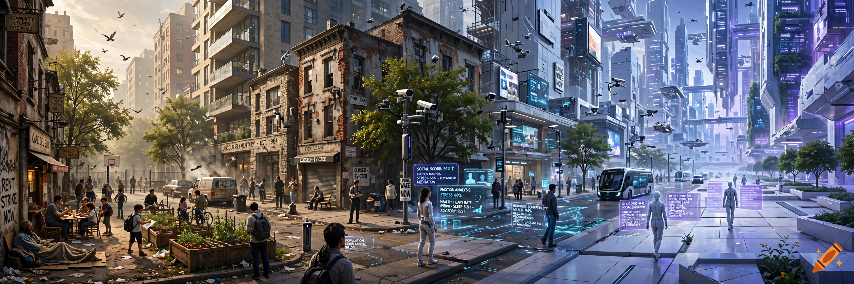 A conceptual digital painting showing the transition of a city from a 2026 urban street on the left to a futuristic 2180 cyberpunk metropolis on the right.