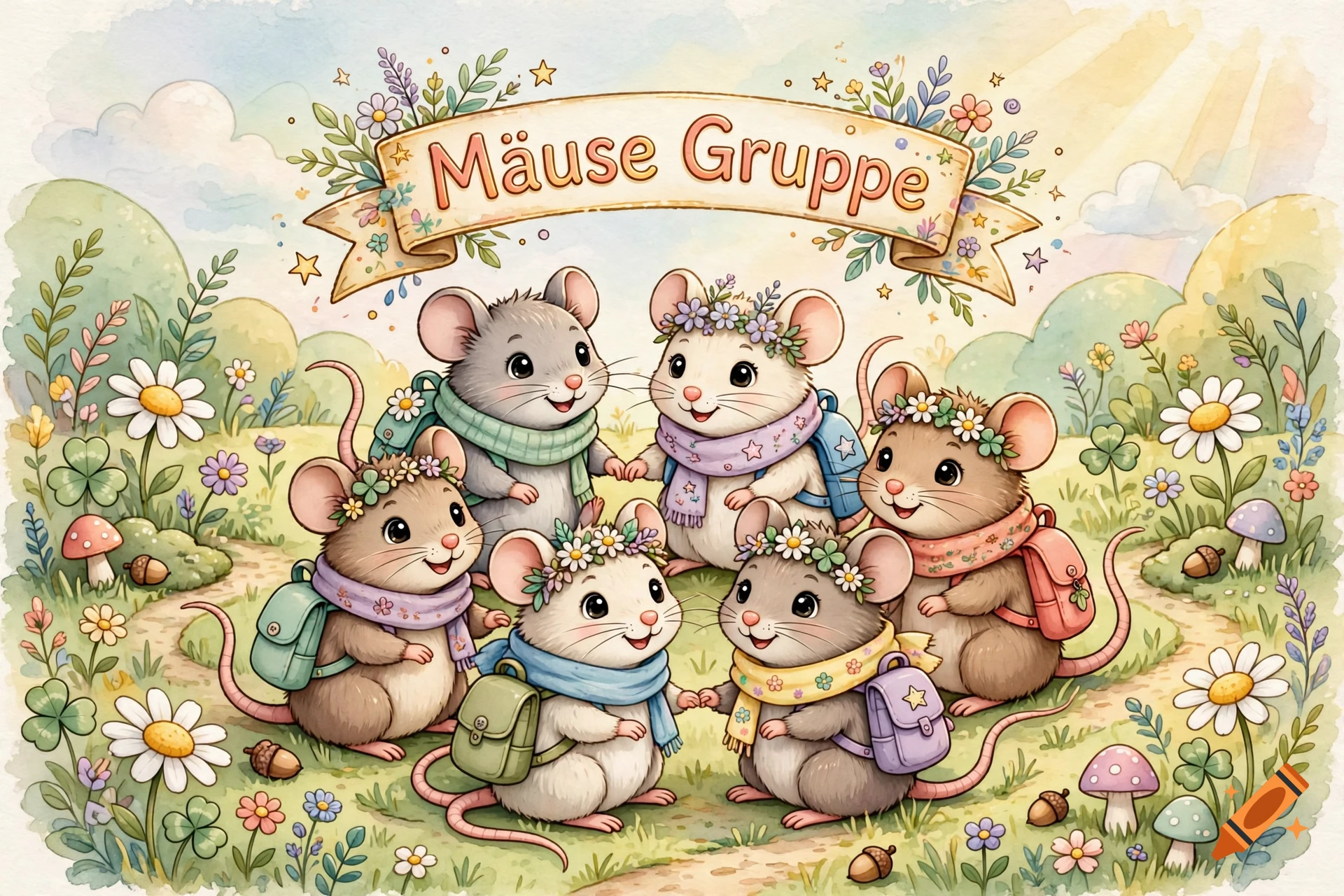 Watercolor illustration of six cute cartoon mice with flower crowns and backpacks in a field under a banner reading 'Mäuse Gruppe'.