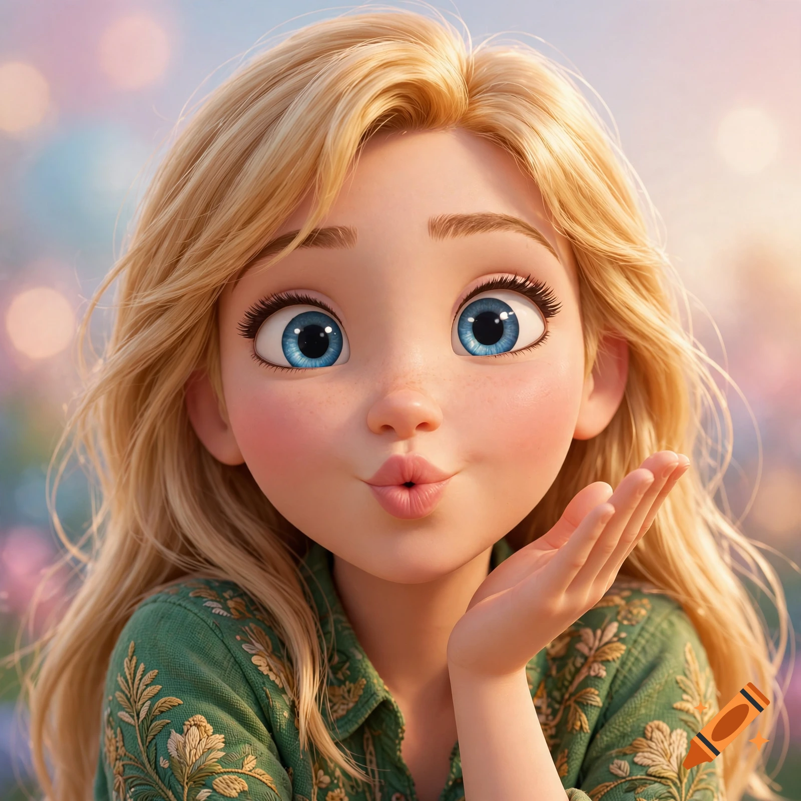 3D animated close-up portrait of a young blonde woman with blue eyes blowing a kiss, Pixar Disney style.