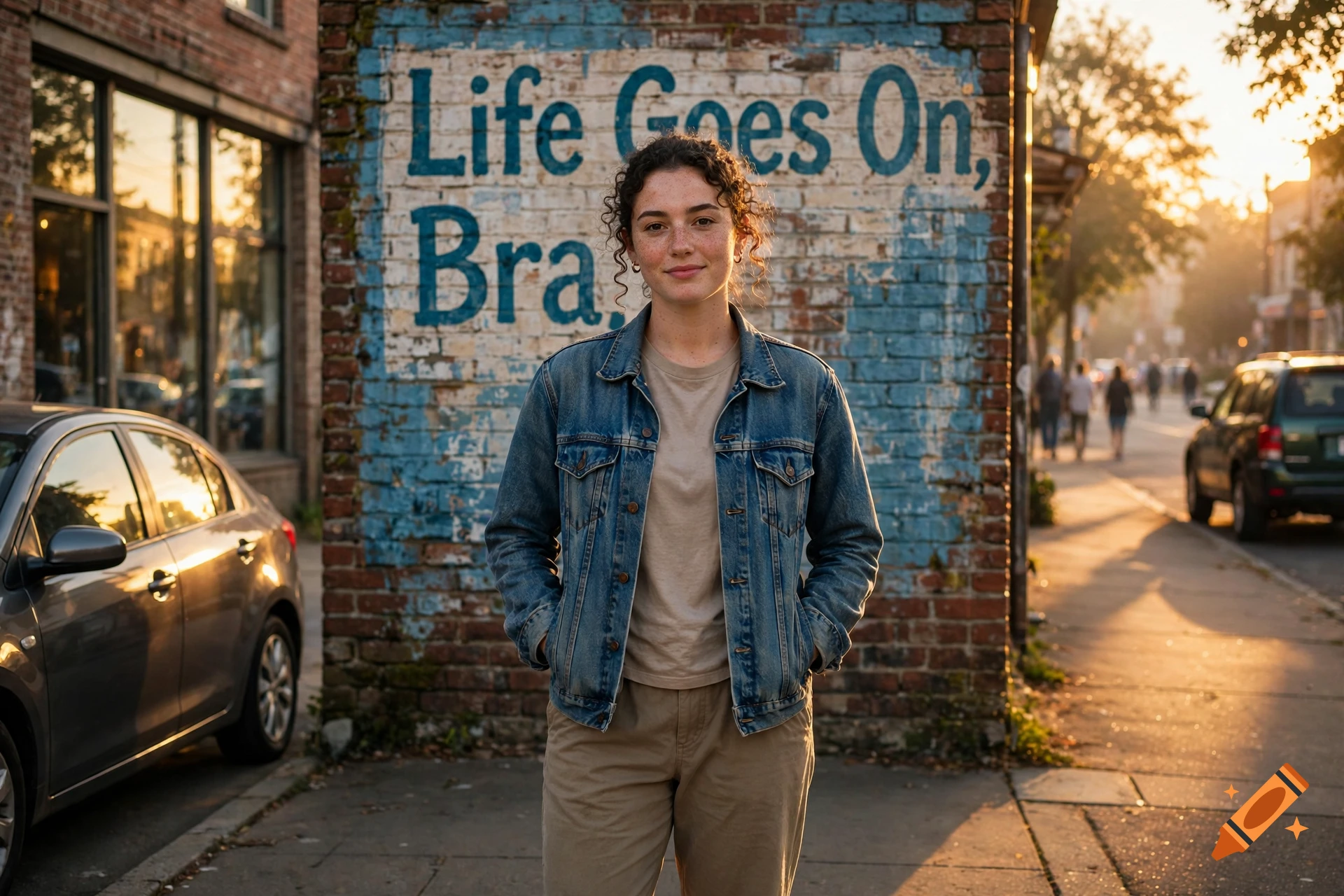 A young woman with curly brown hair stands on a city sidewalk in front of a brick wall with painted lettering during sunset.