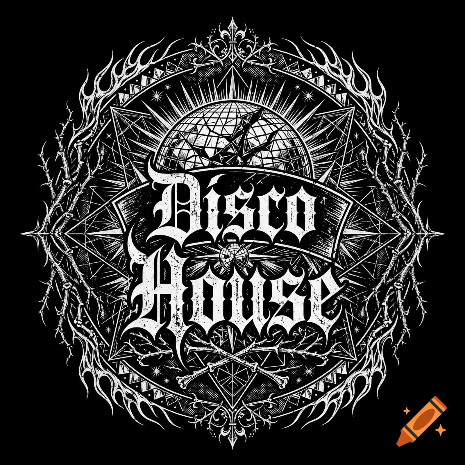 Black and white metal band logo with the text Disco House inside an ornate circular frame with thorns and a shattered globe.