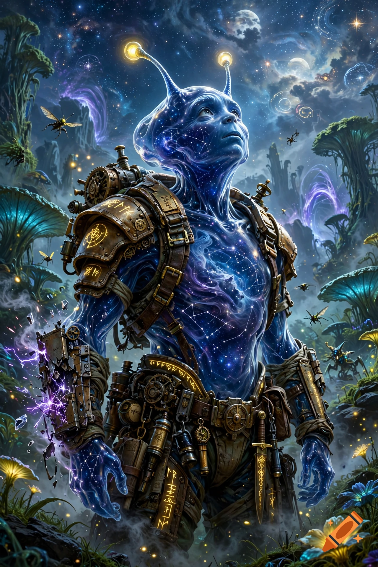 A cosmic blue alien character in heavy steampunk and brass armor standing in a bioluminescent alien forest, digital art style.
