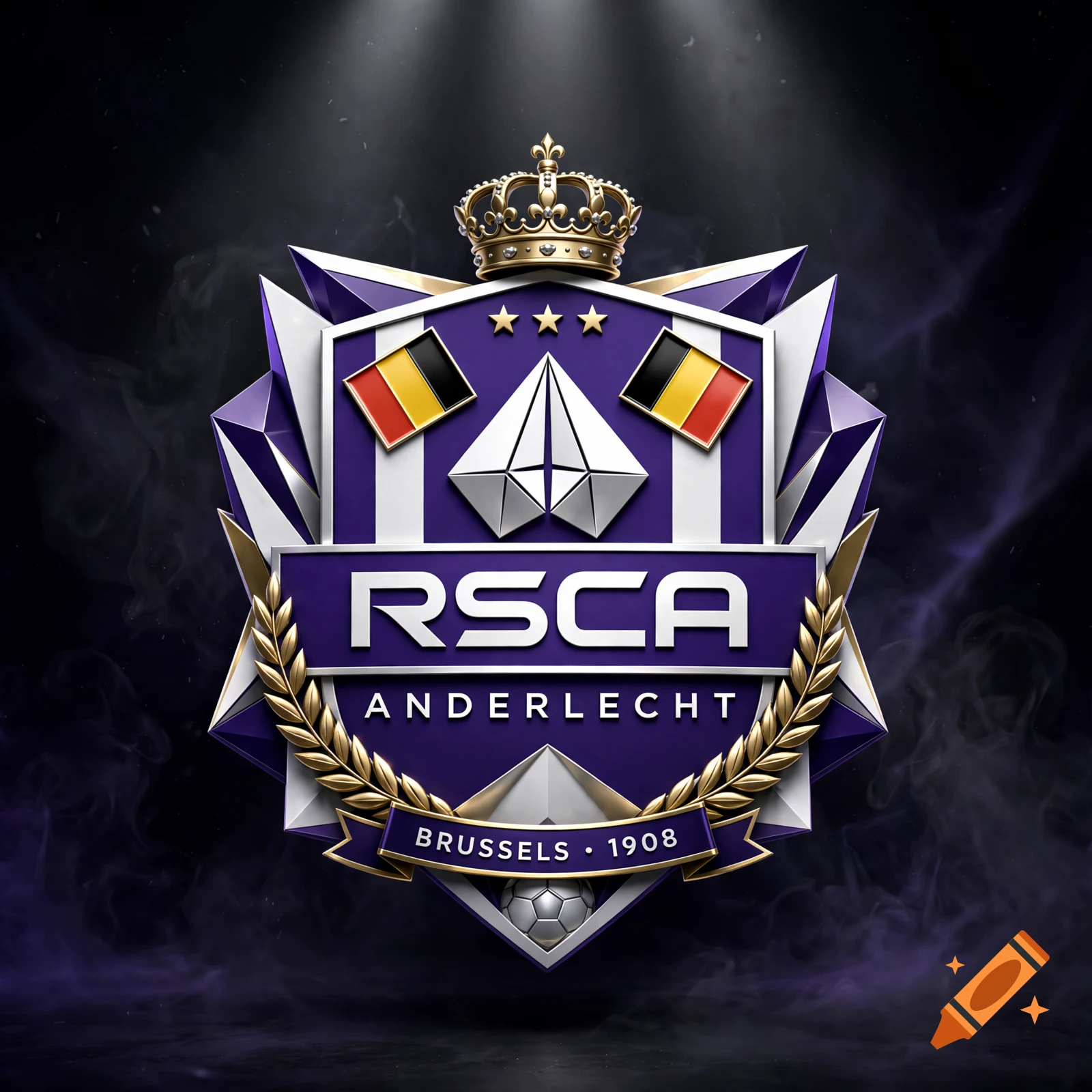 Styled 3D badge logo for RSC Anderlecht with a crown, Belgian flags, and laurel wreaths.