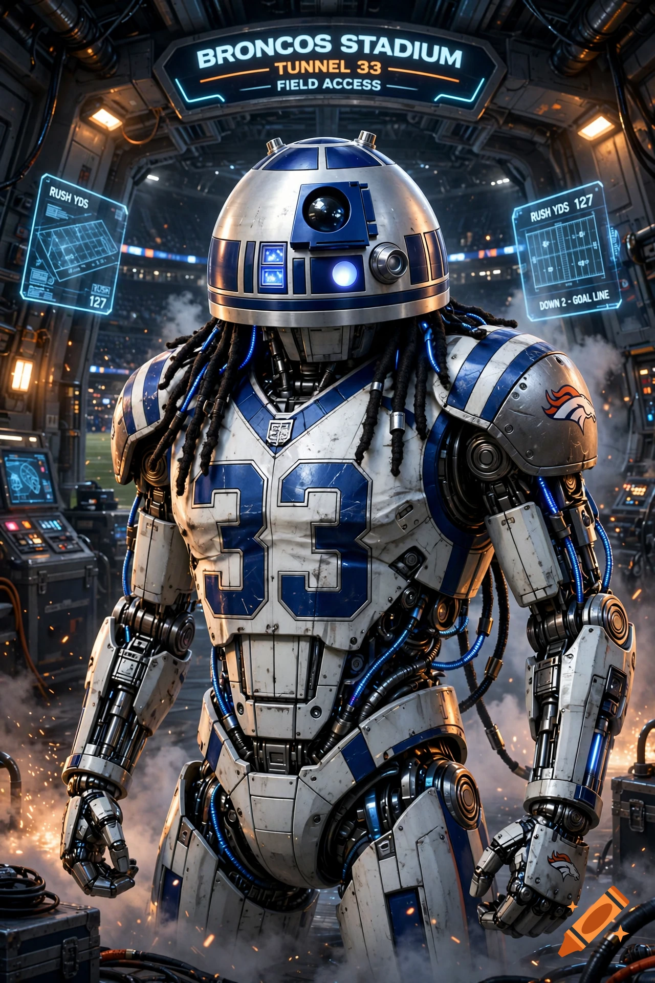 An R2D2-style robot wearing a Denver Broncos football jersey with number 33, standing in a stadium tunnel.