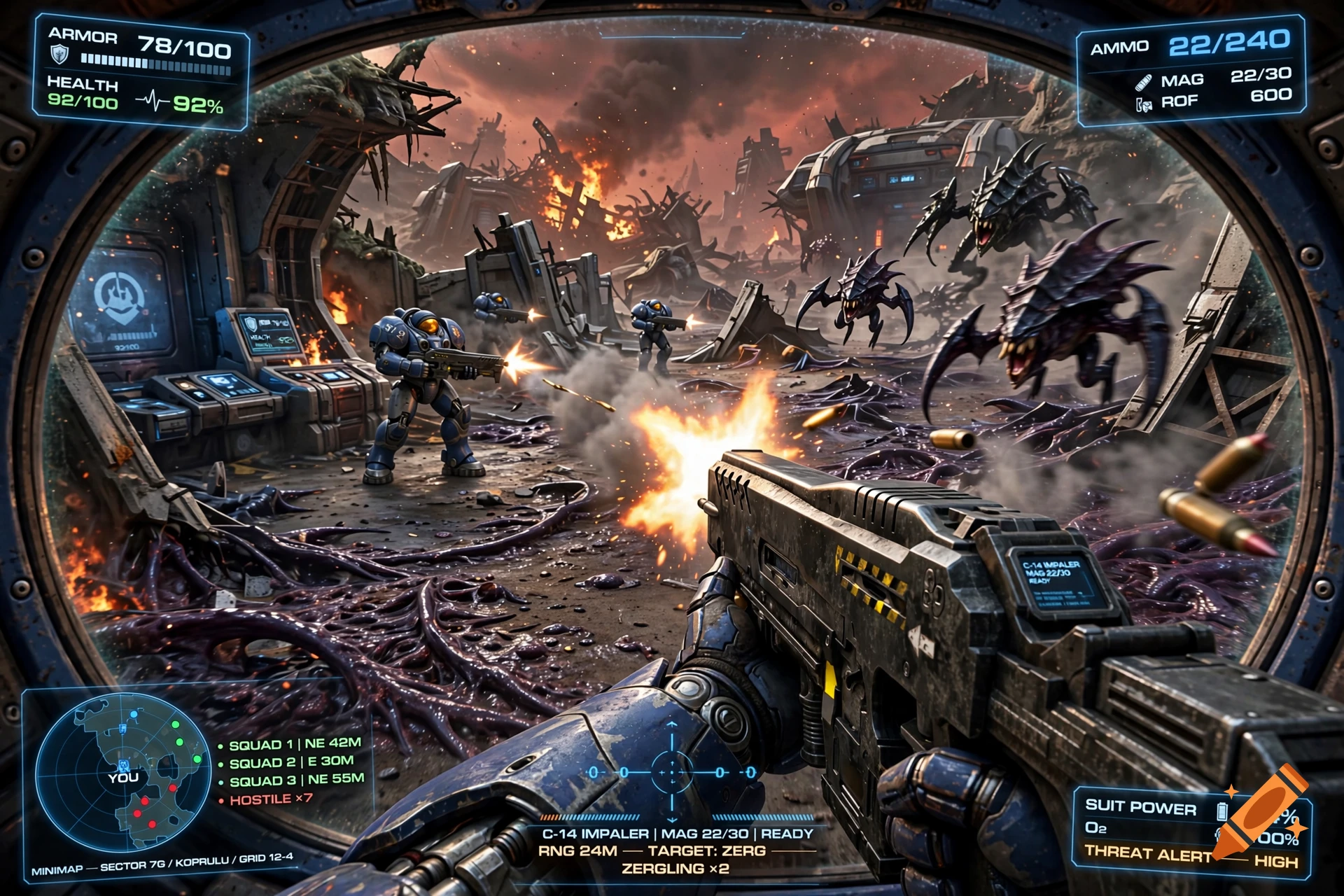 First-person sci-fi shooter game view showing a futuristic space marine in power armor holding a weapon, with a HUD and alien bugs in a destroyed base.
