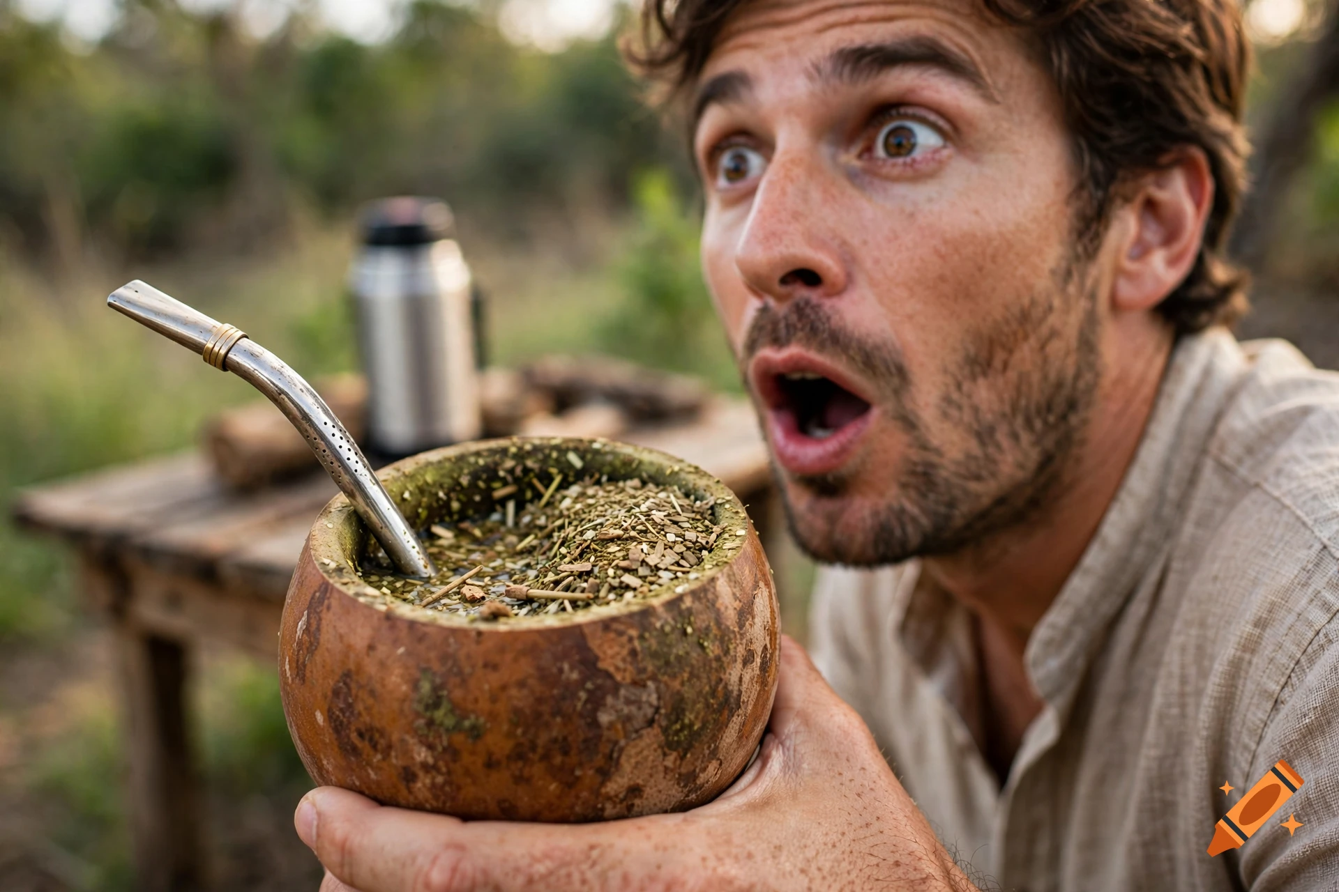 Close-up of a surprised man looking at a traditional gourd filled with mate tea and a metal straw.