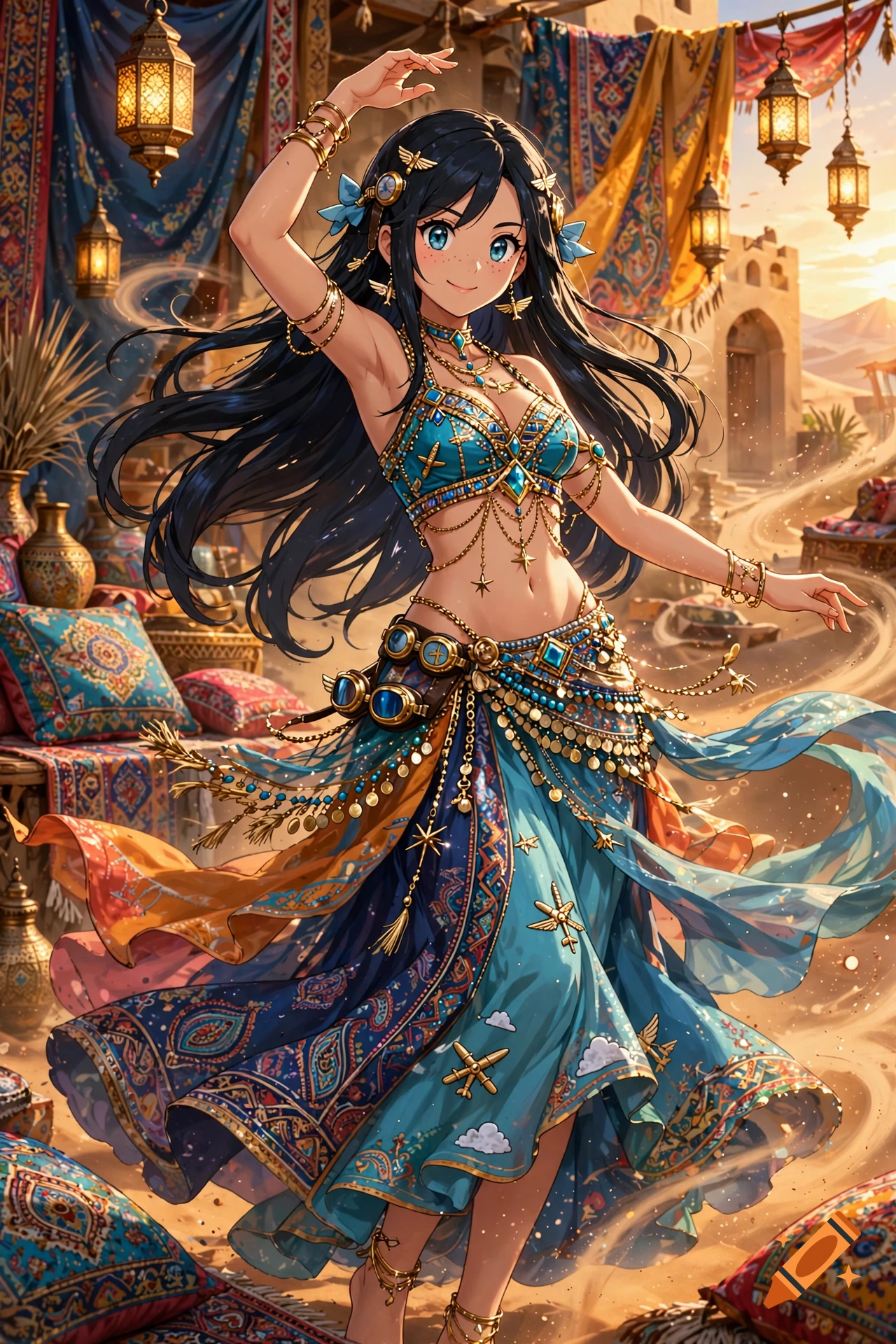 Anime-style illustration of a girl with long black hair wearing a blue belly dancer outfit in a desert marketplace.
