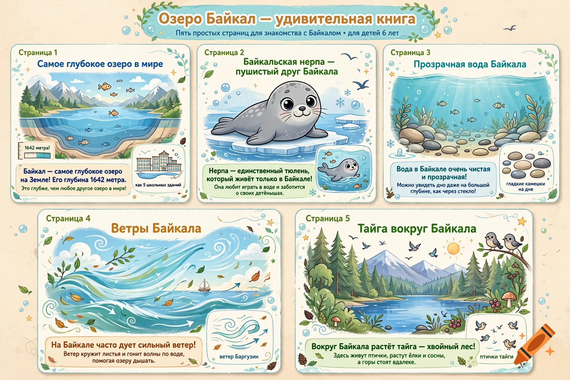 An educational children's book page about Lake Baikal featuring five panels with cute cartoon illustrations in Russian.