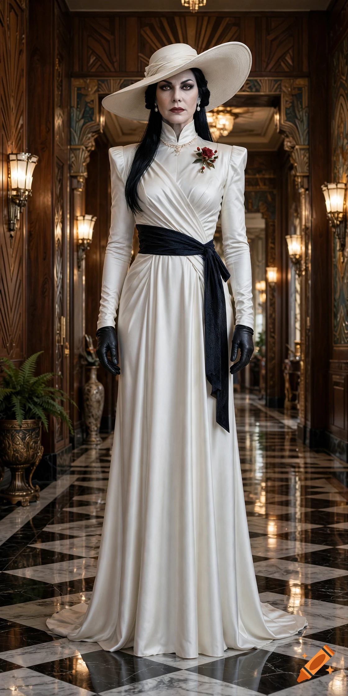 Full-body photorealistic portrait of Lady Dimitrescu in a white dress and wide-brimmed hat standing in an ornate hotel hallway.