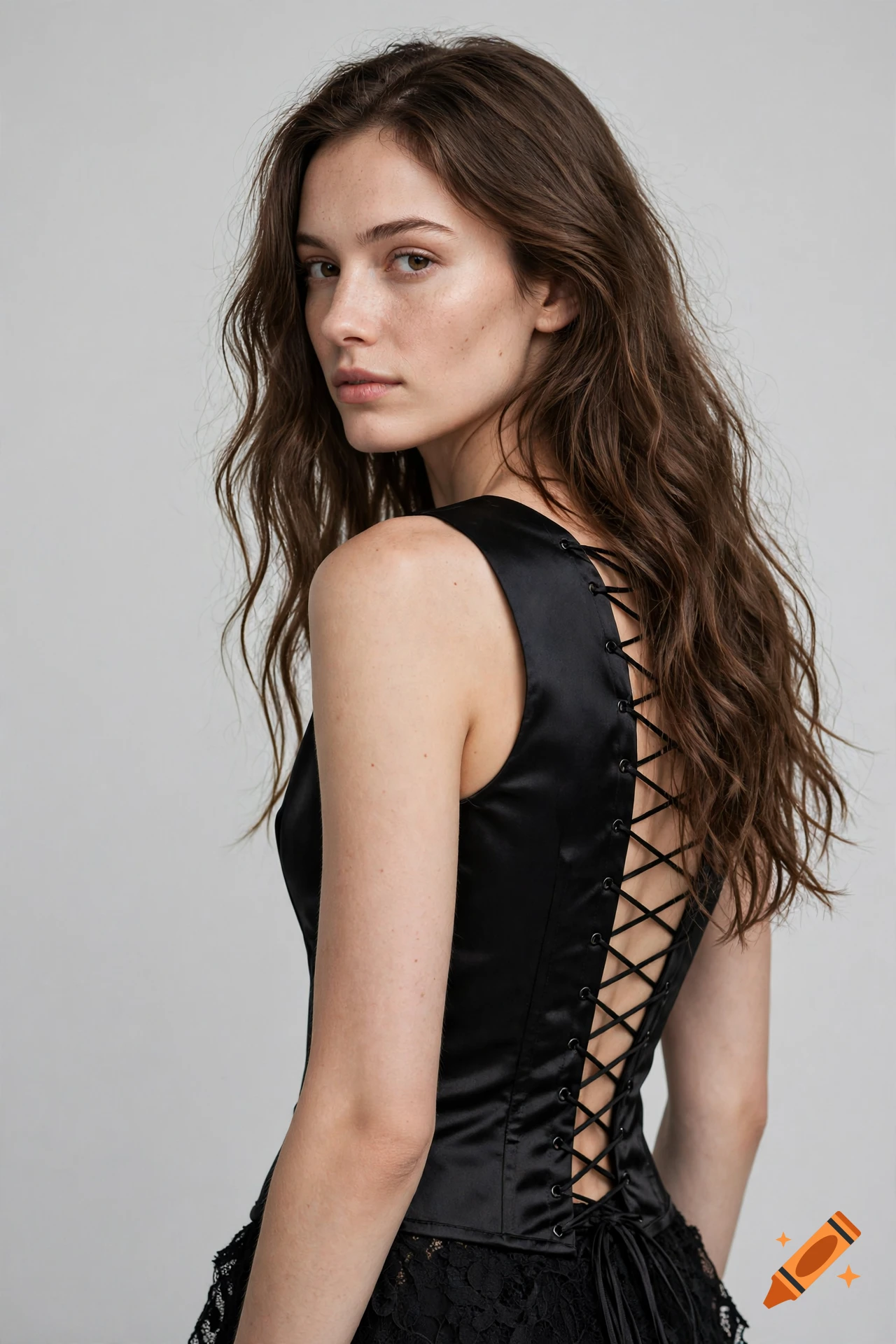 Studio portrait of a young woman with long wavy brown hair looking over her shoulder, wearing a black satin lace-up corset top.