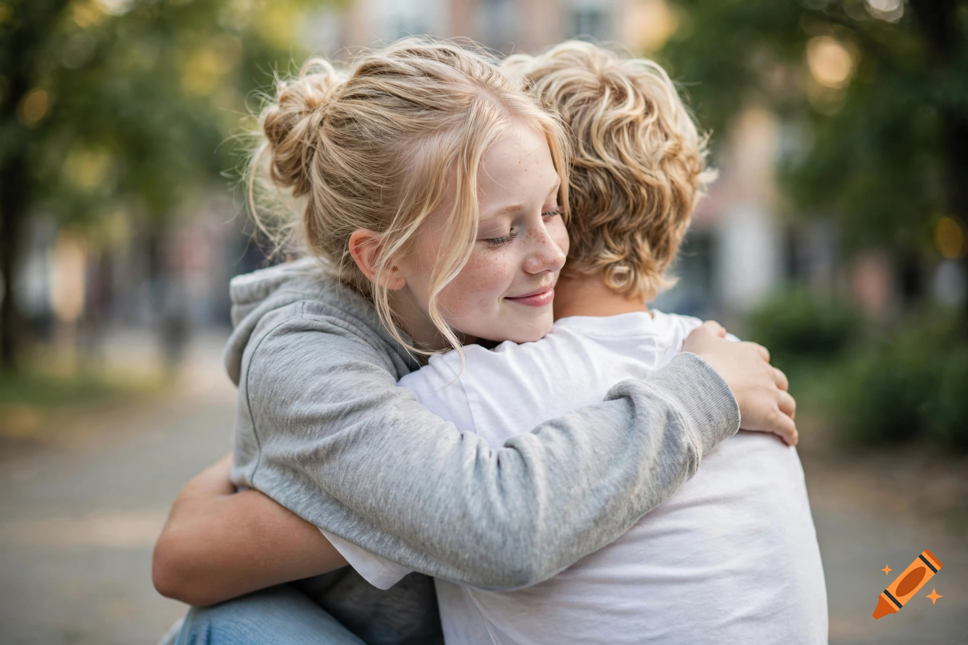 A blonde teenage girl with a bun and grey hoodie hugging her friend outdoors, photorealistic style.