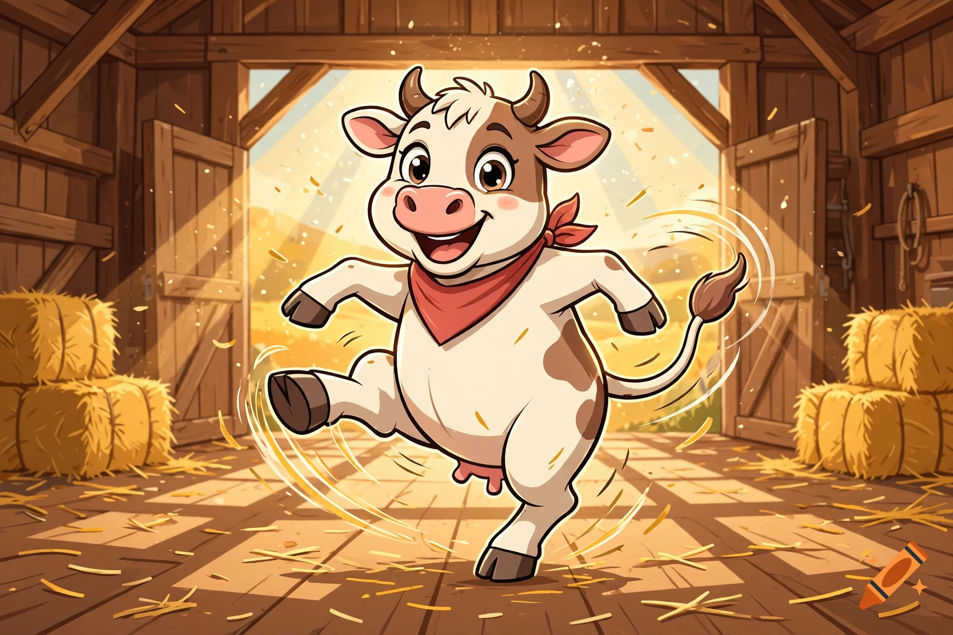 A cartoon cow dancing joyfully in a sunny barn filled with hay.