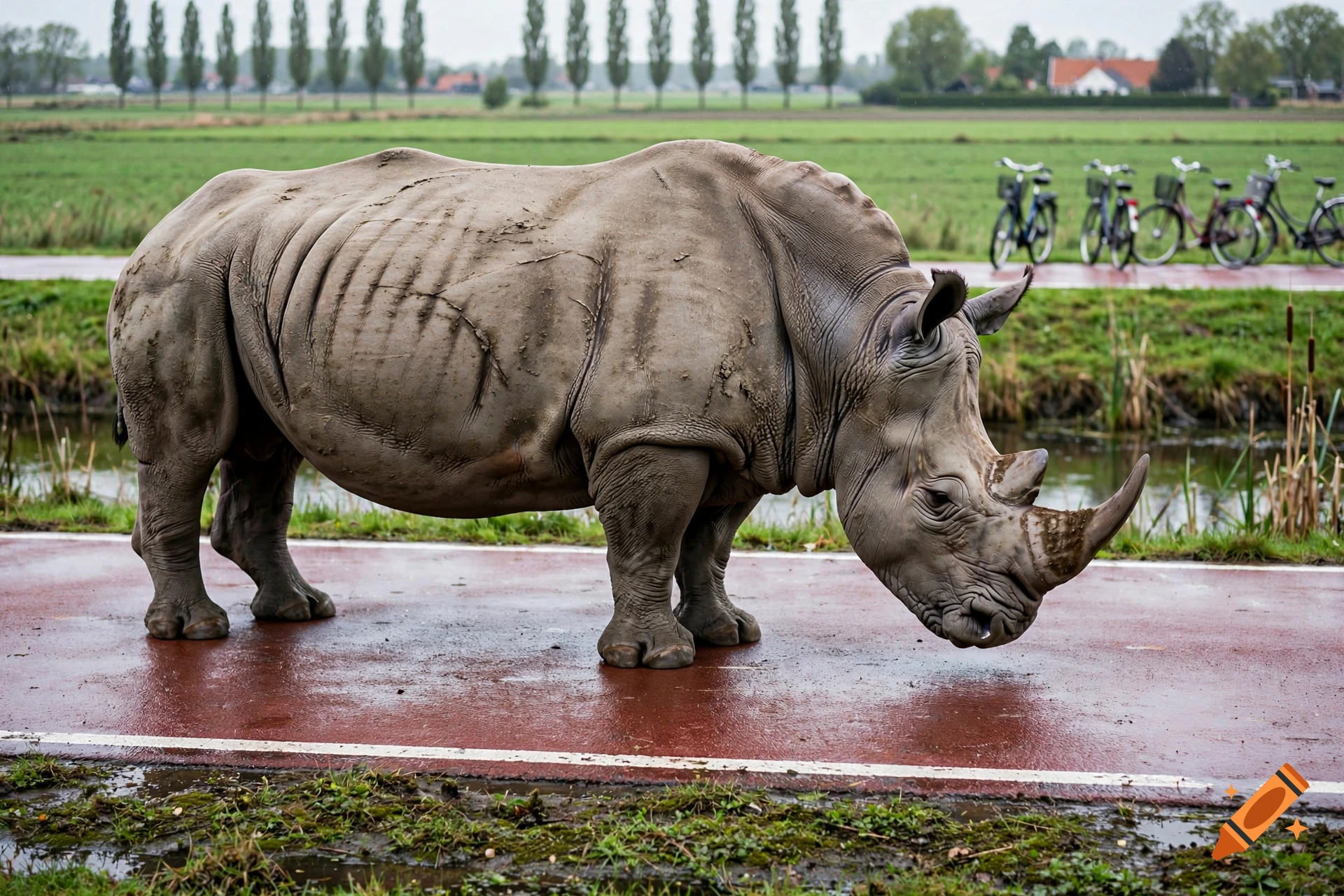 A photorealistic rhinoceros stands on a red paved cycling path next to a water canal in a Dutch landscape.
