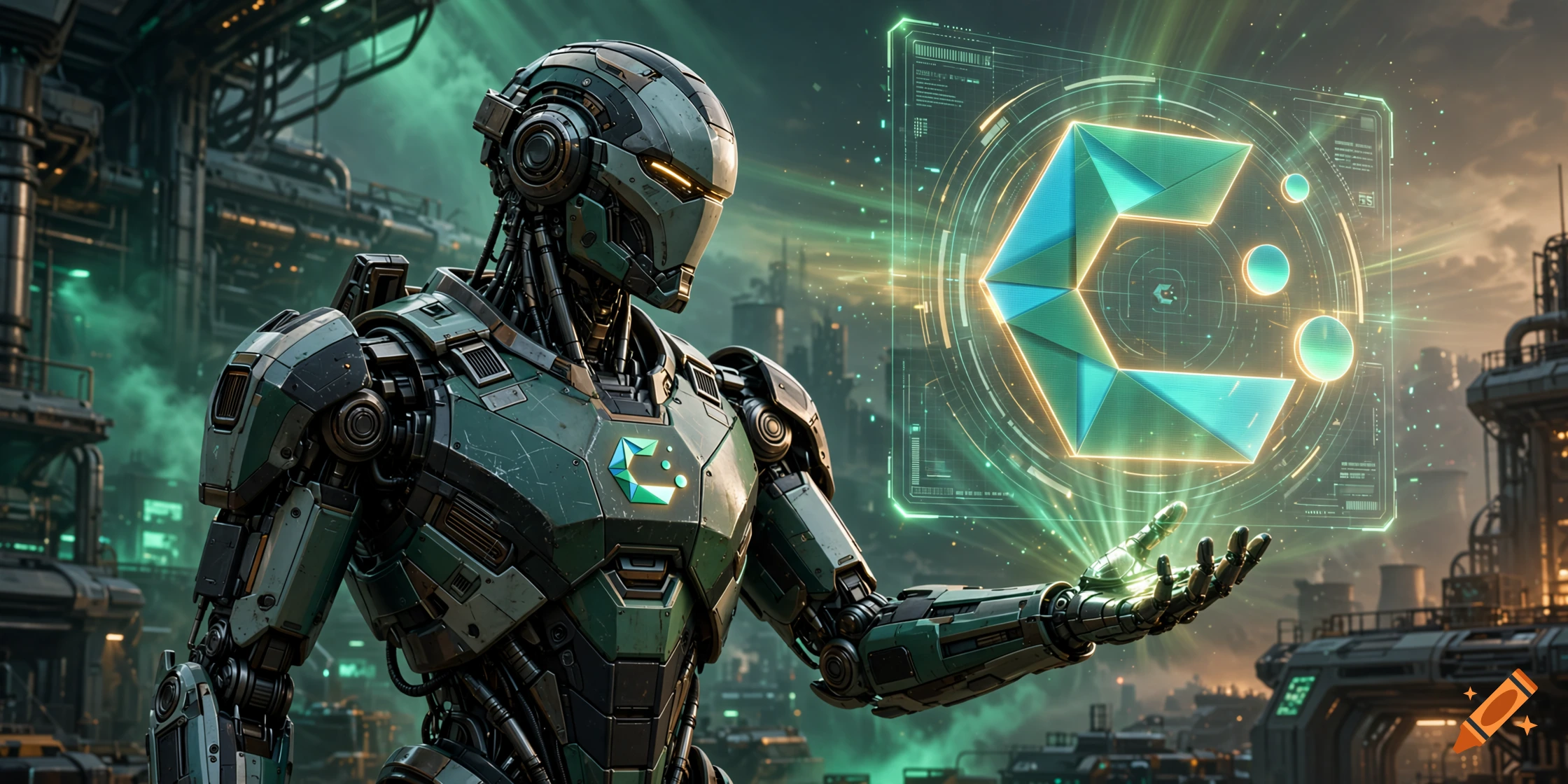 A detailed green cyborg standing in a futuristic industrial setting, projecting a glowing holographic interface from its hand.
