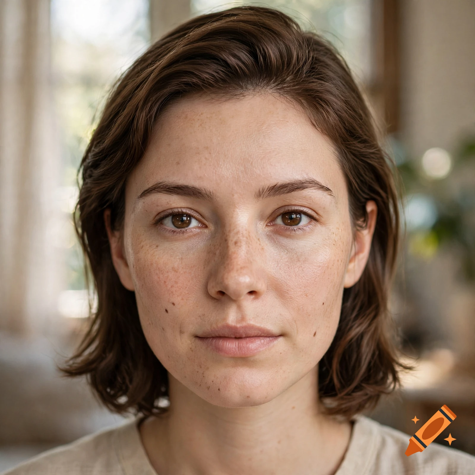 Close-up photorealistic portrait of a young woman with brown hair and freckles looking directly at the camera.