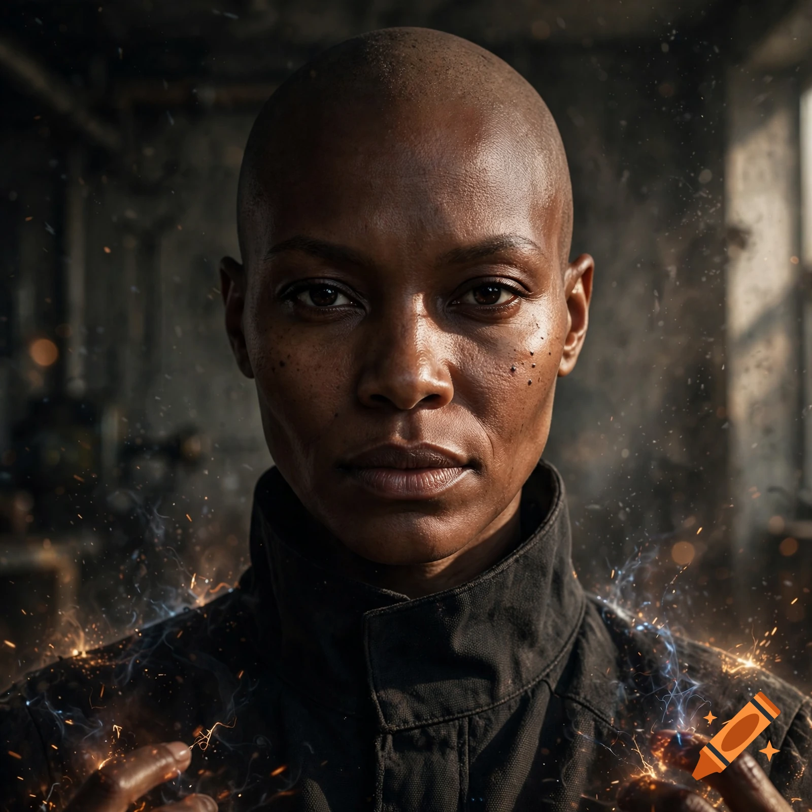 Photorealistic portrait of a bald, brown-skinned woman with glowing sparks and smoke emanating from her hands in a dimly lit industrial setting.