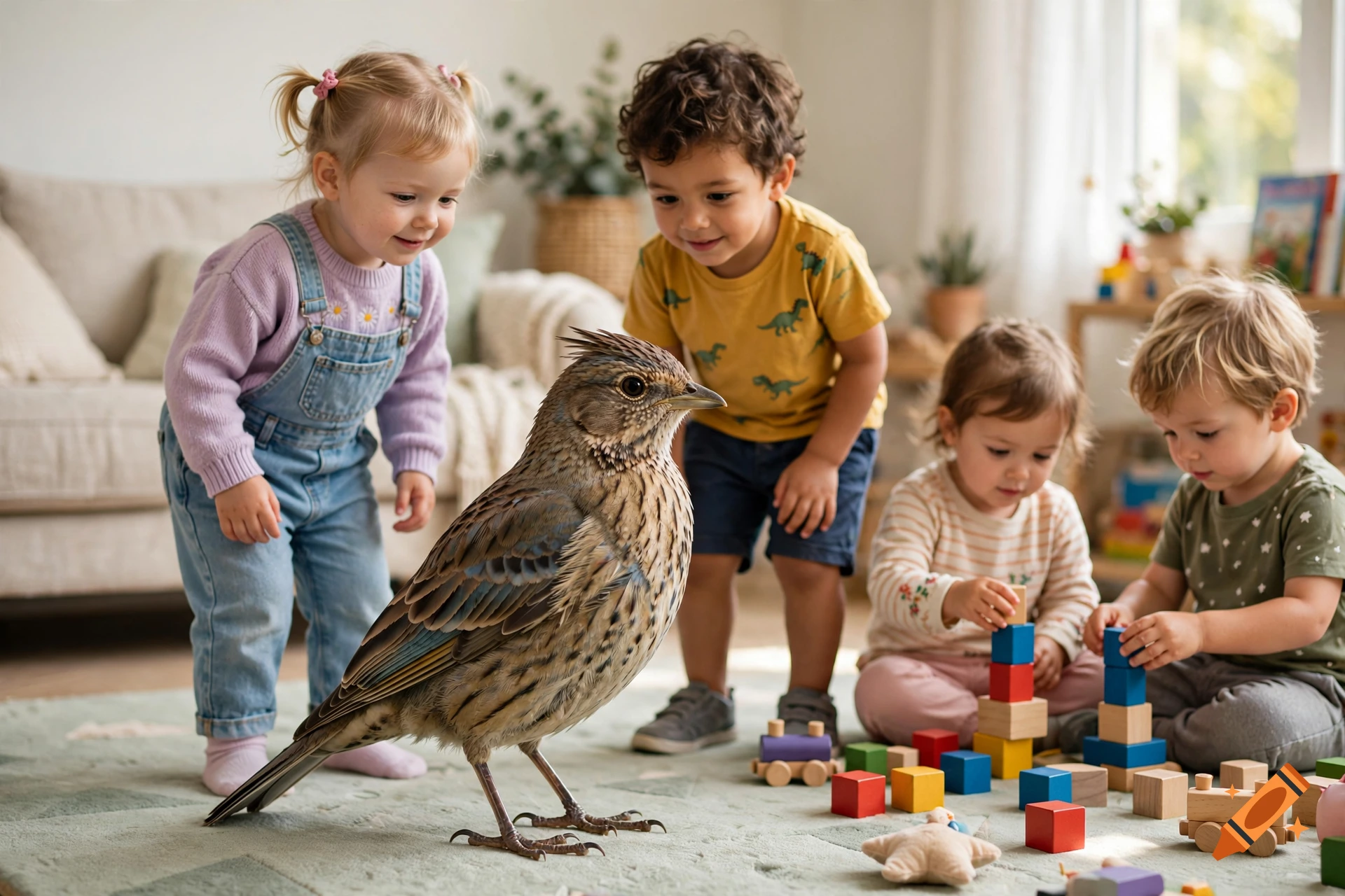 Four children look curiously at a large, detailed bird standing on the floor in a brightly lit playroom while other children play with wooden blocks.