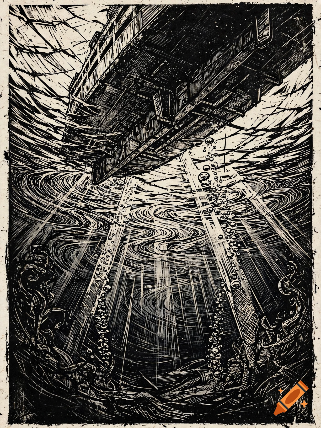 Linocut print in black and white showing a worm-eye view of a ferry boat hull cutting through deep water with light rays and bubbles.