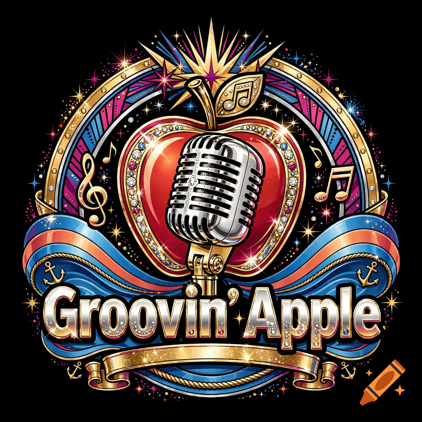 Logo for Groovin Apple featuring a vintage microphone inside a sparkling red apple with musical notes and rhinestones, 70s style.