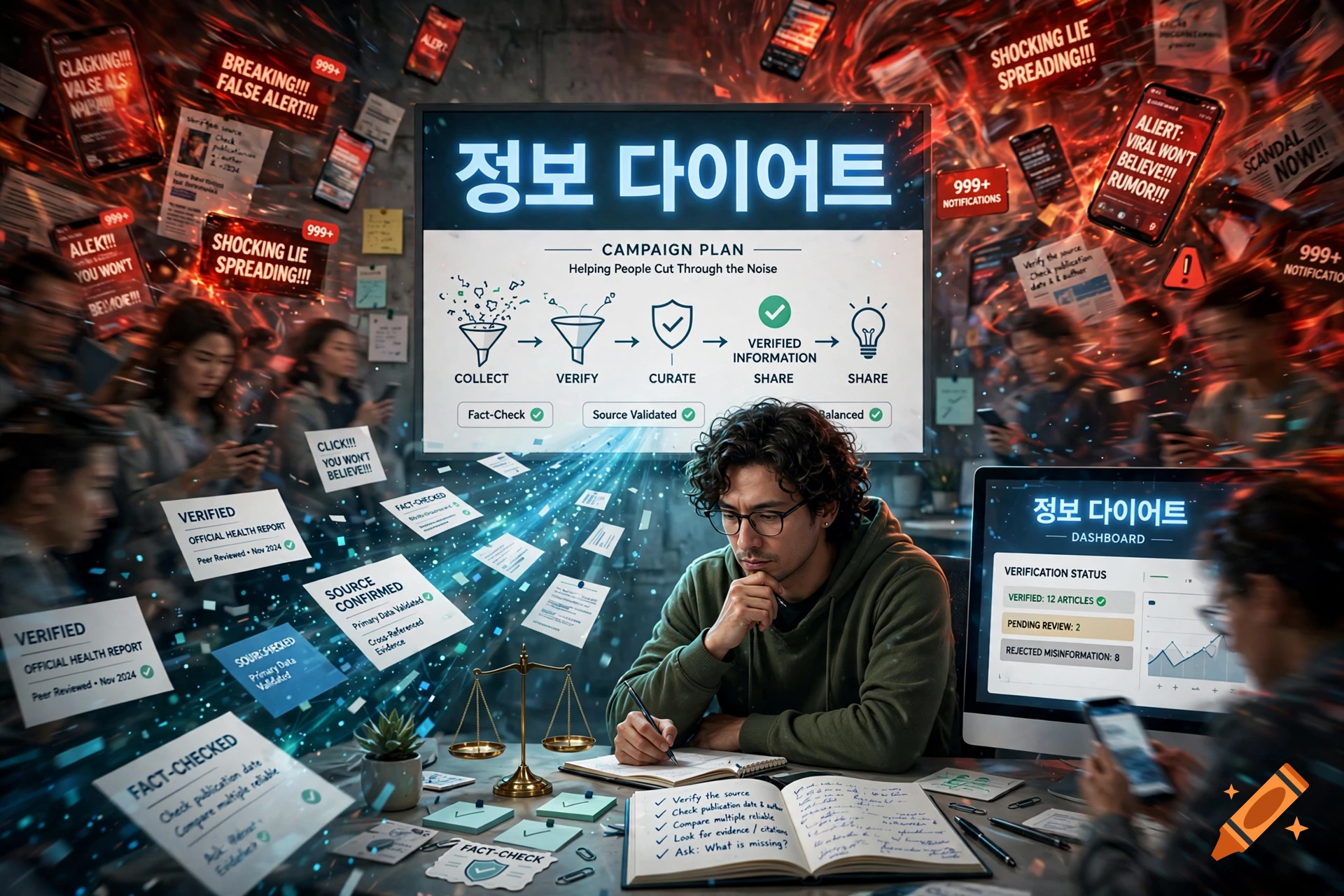 A man sitting at a desk surrounded by digital screens and floating documents about information diet and fact-checking, cinematic lighting.