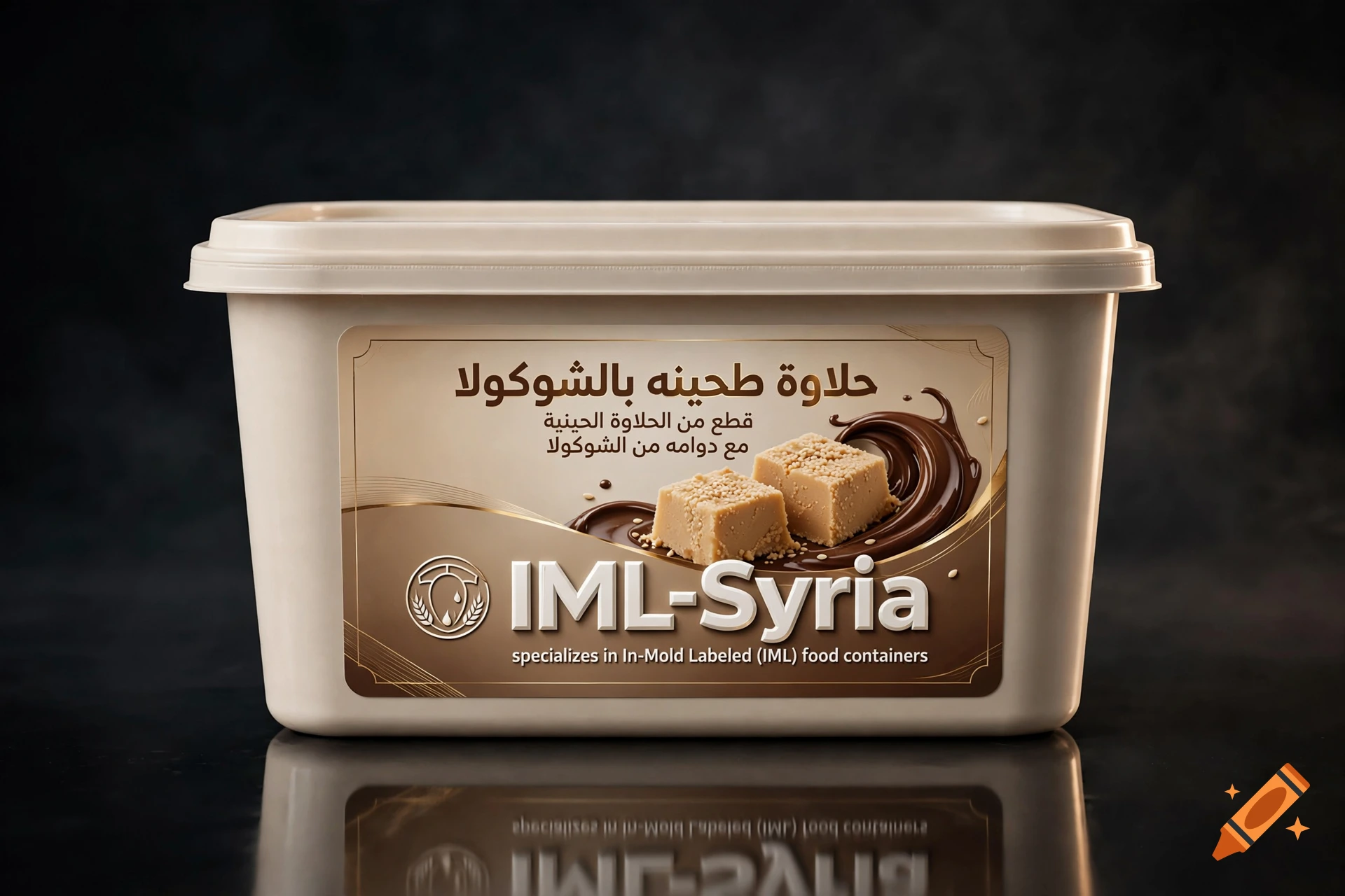Photorealistic product photograph of a beige IML food container for chocolate halva with Arabic and English branding on a dark reflective surface.