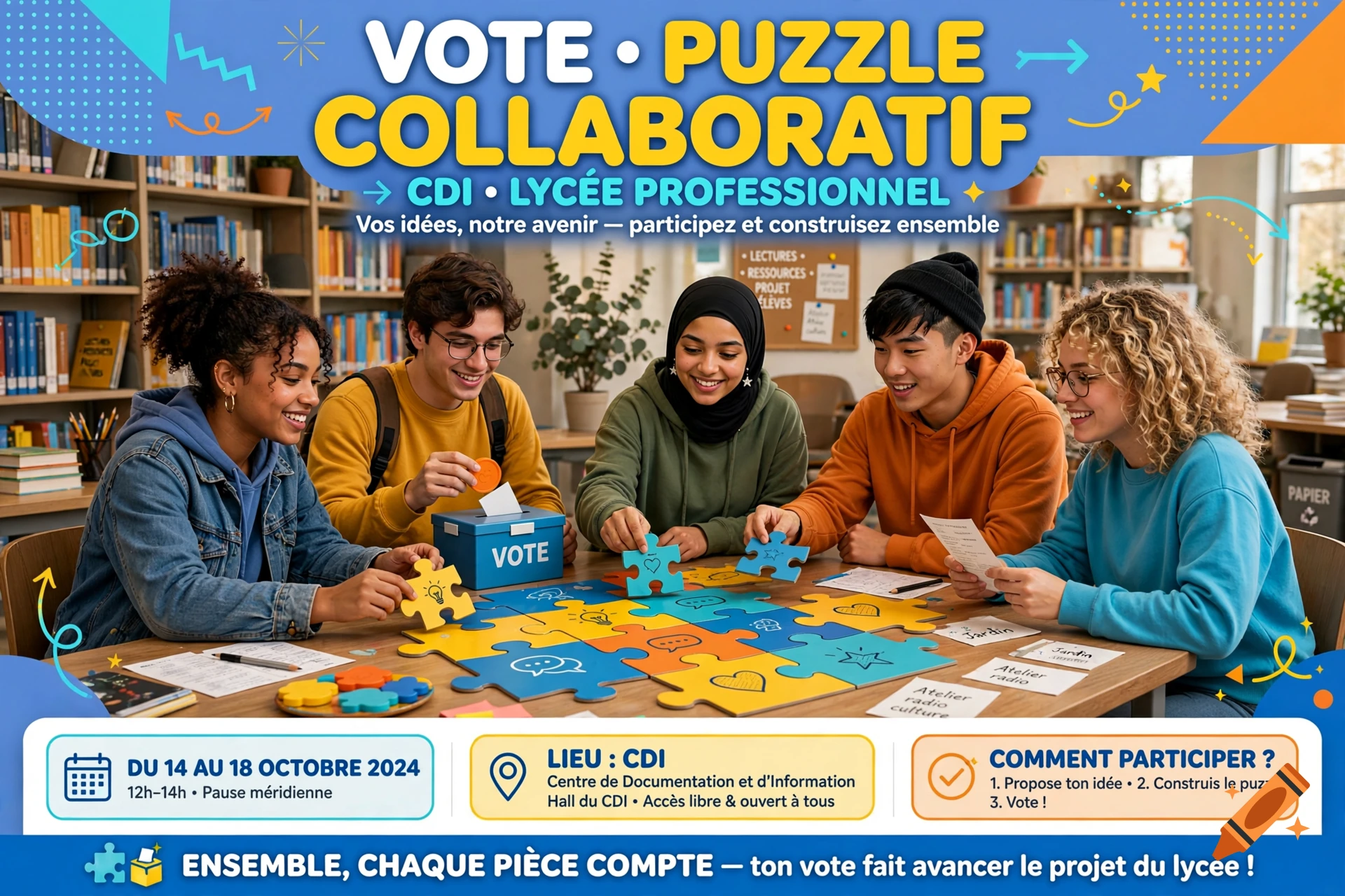 A group of diverse students collaborating around a table to assemble a large colorful puzzle, with text overlays announcing a school voting project.