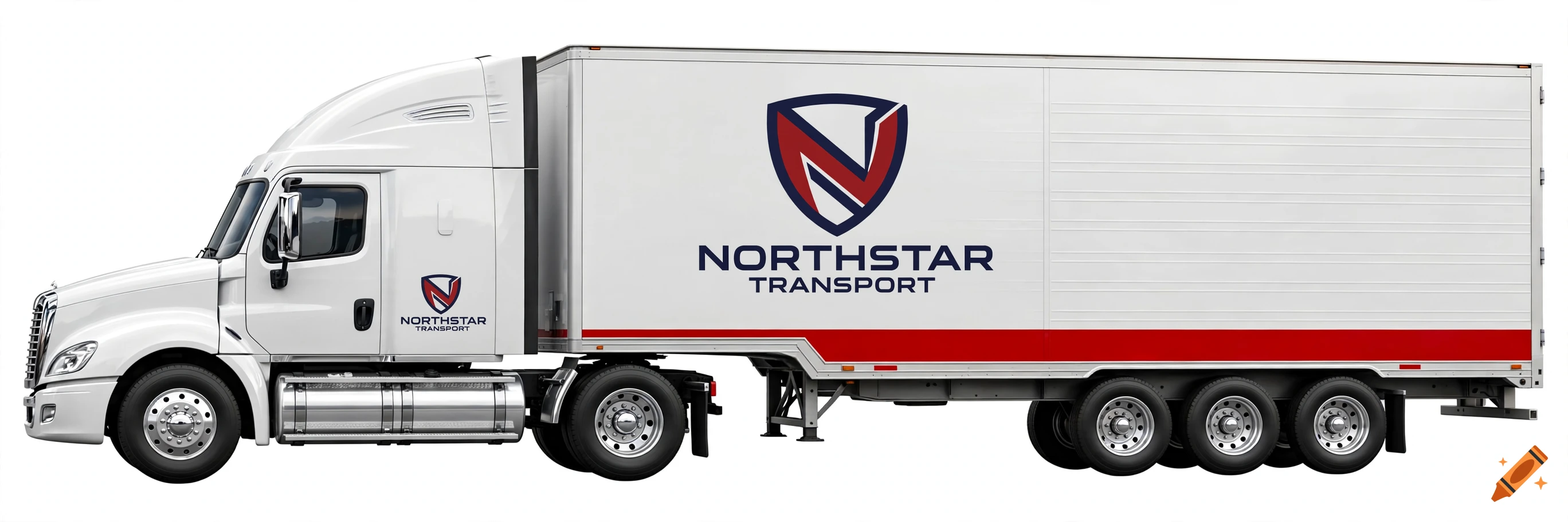 Photorealistic white semi-truck with trailer featuring 'Northstar Transport' branding and a shield logo, isolated on a white background.