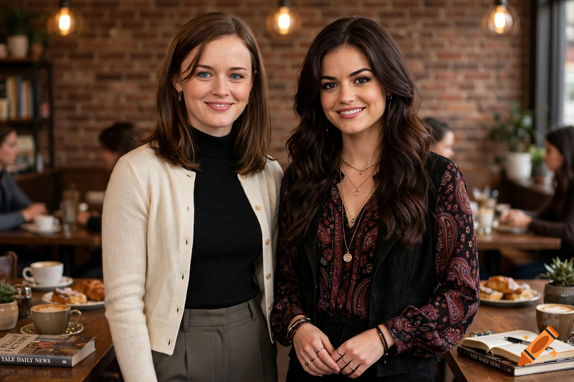 Two smiling young women standing together in a cafe with a brick wall background.